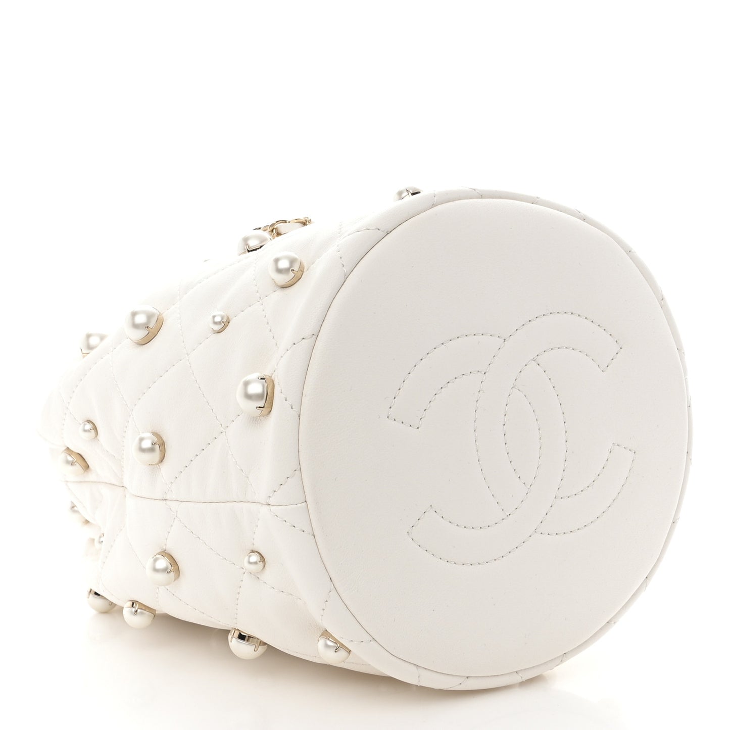 Lambskin Quilted Pearl About Pearls Drawstring Bag White