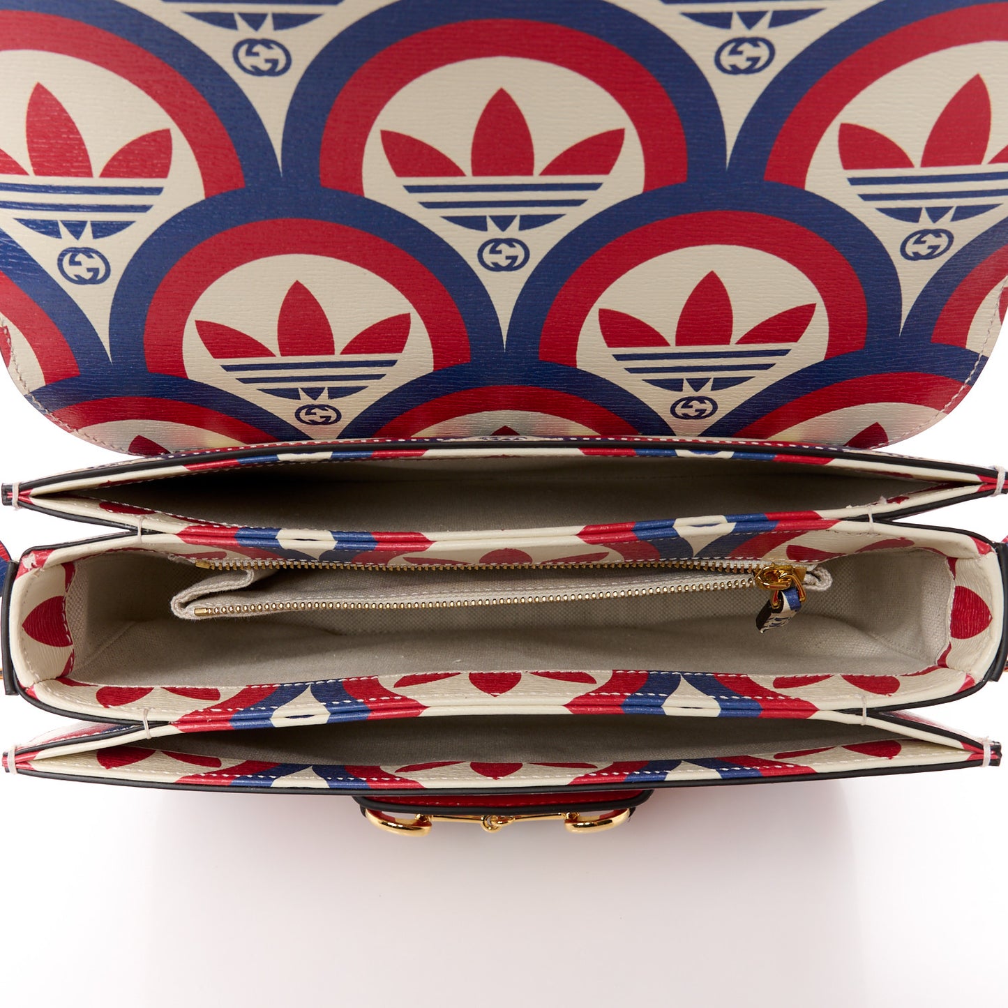 X ADIDAS Shangai Calfskin Web Trefoil Interlocking G Small Horsebit 1955 Shoulder Bag Red White Blue
