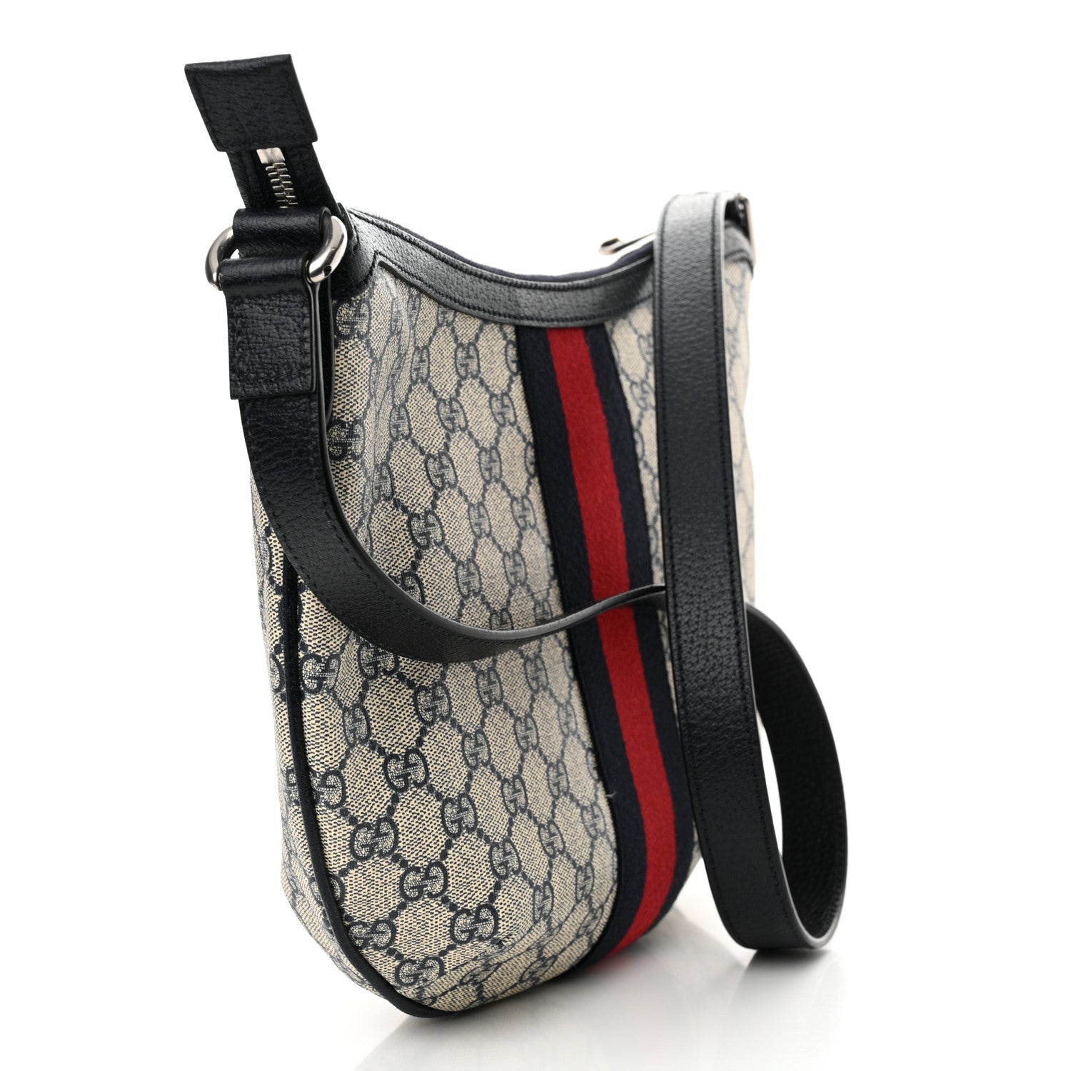 Gucci GG Supreme Monogram Textured Dollar Calfskin Web Small Ophidia Half Moon Hobo Beige Blue 3 of 12