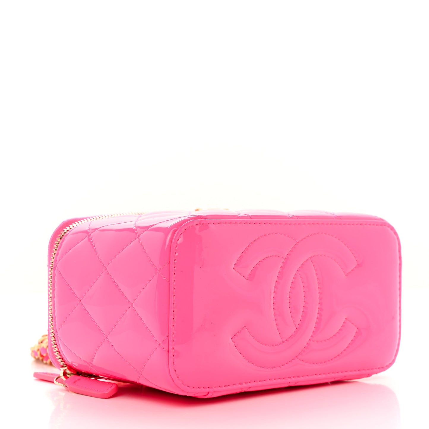 Patent Quilted Pearl Crush Small Vanity Case With Chain Neon Pink