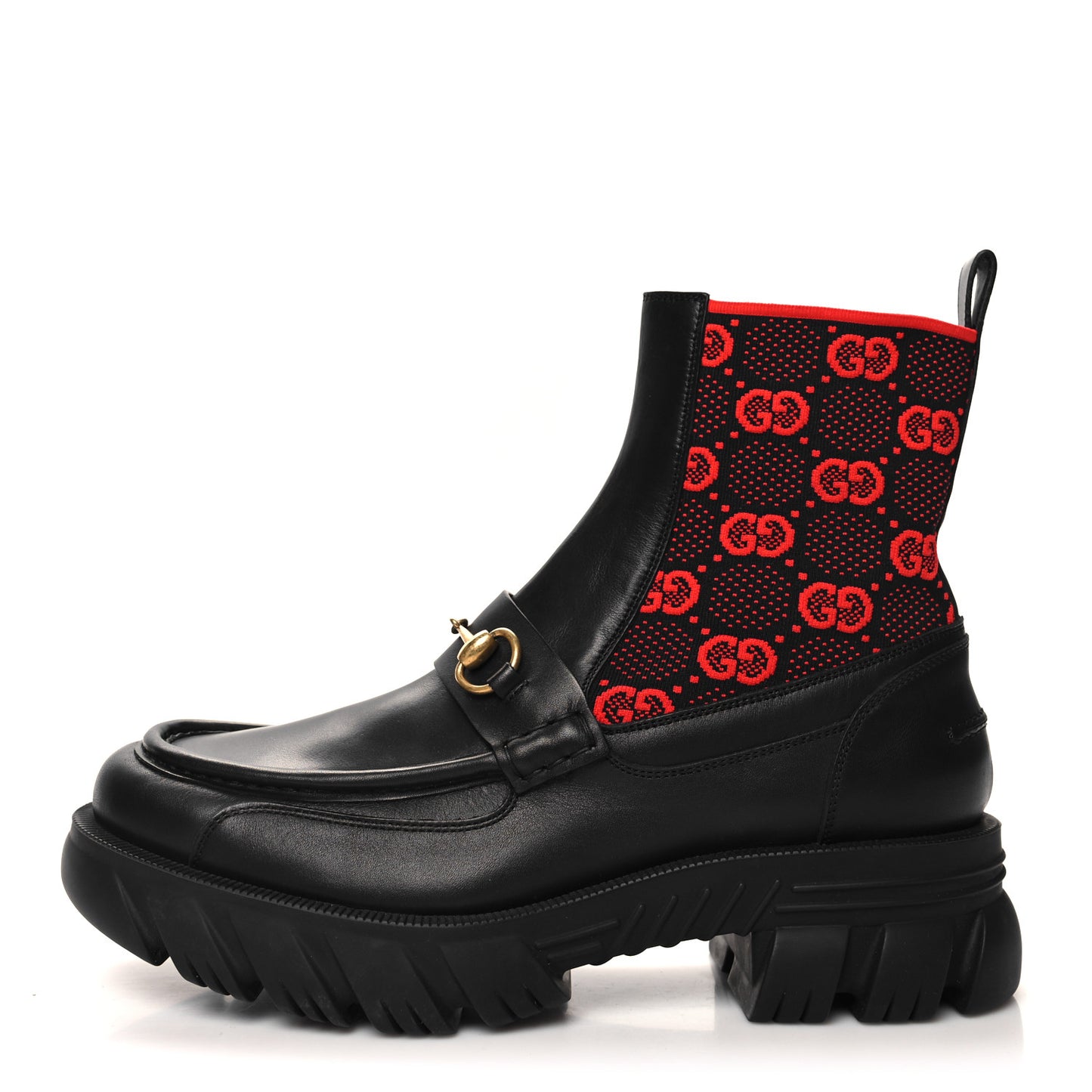 Quebec Calfskin Technical Jersey Knit GG Monogram Mens Horsebit Ankle Boots 10 Black Light Hibiscus Red