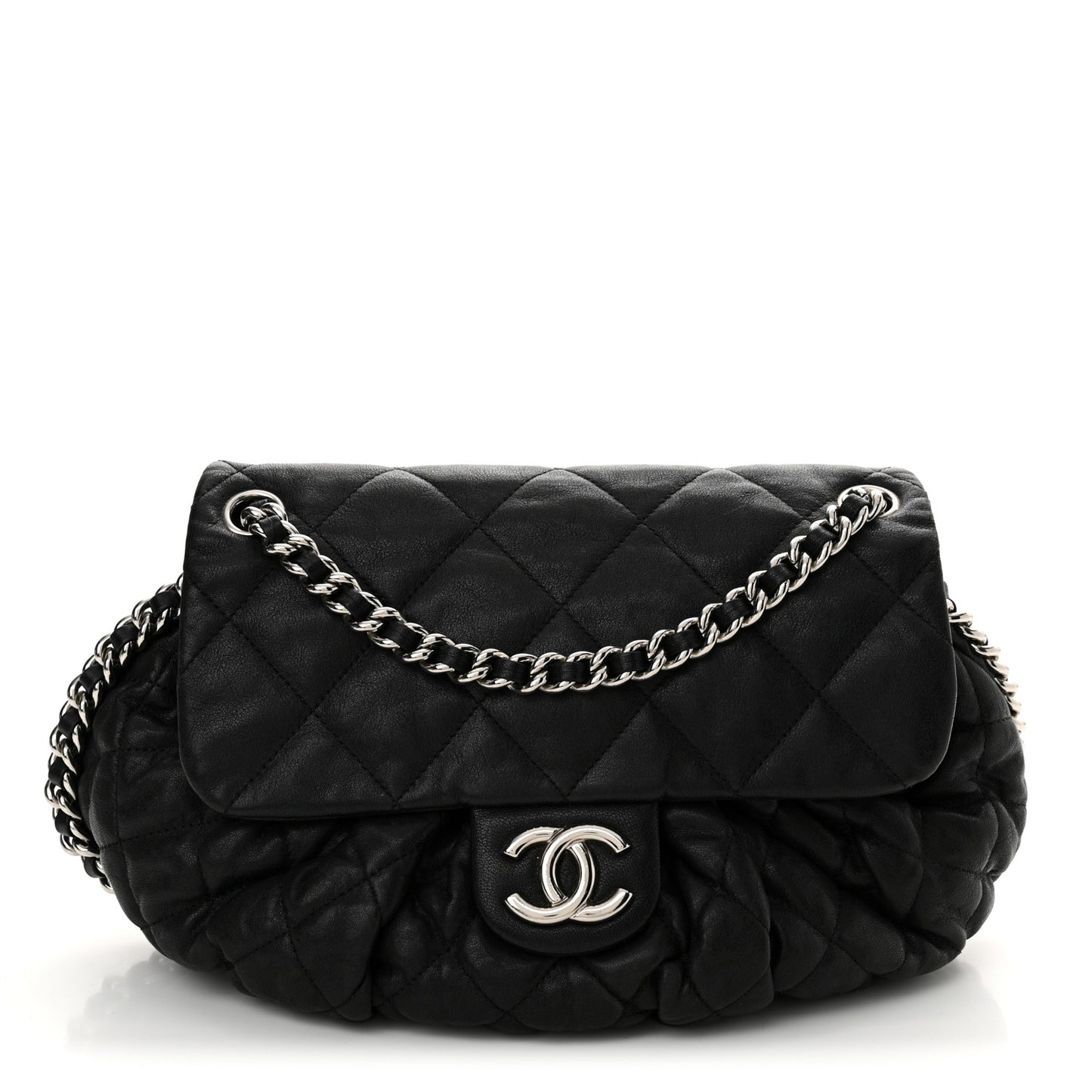 Washed Lambskin Quilted Medium Chain Around Messenger Black