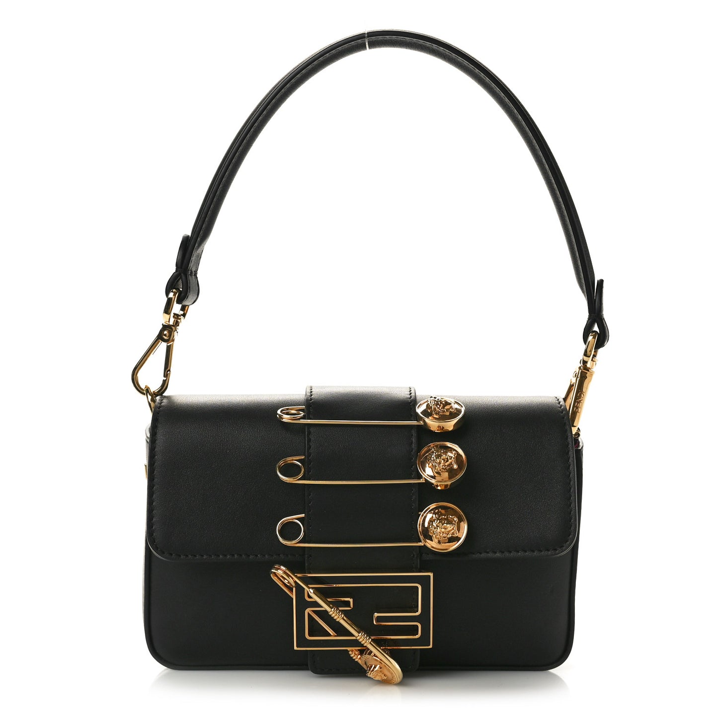 X VERSACE Vitello Seta Fendace Mini Brooch Baguette Black