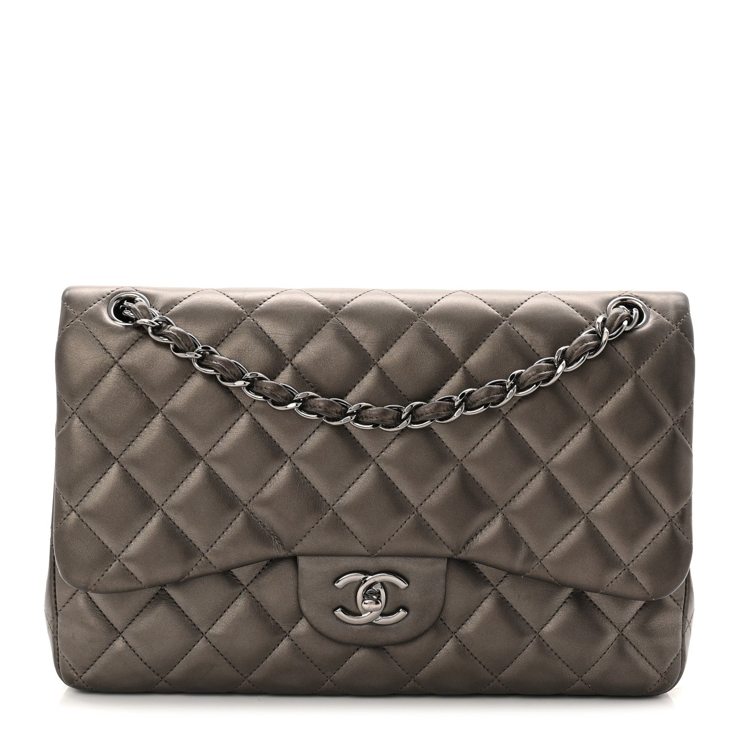 Chanel Metallic Lambskin Quilted Jumbo Double Flap Pewter 1819366