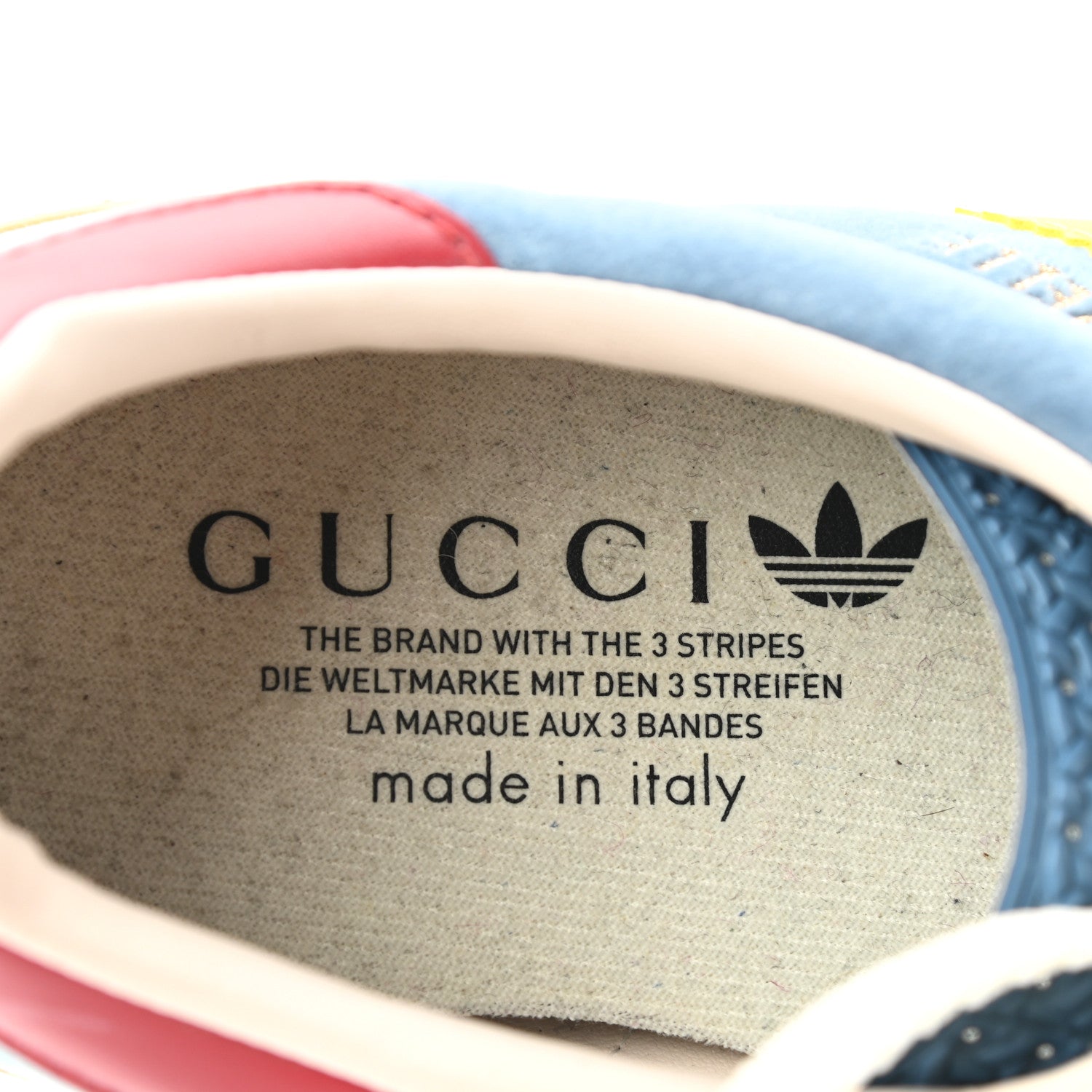 Gucci X ADIDAS Softy Velvet Suede Madeira Demetra Mens Gazelle Sneakers 9 Ice Blue Velvet Blue Smile Yellow 7 of 8