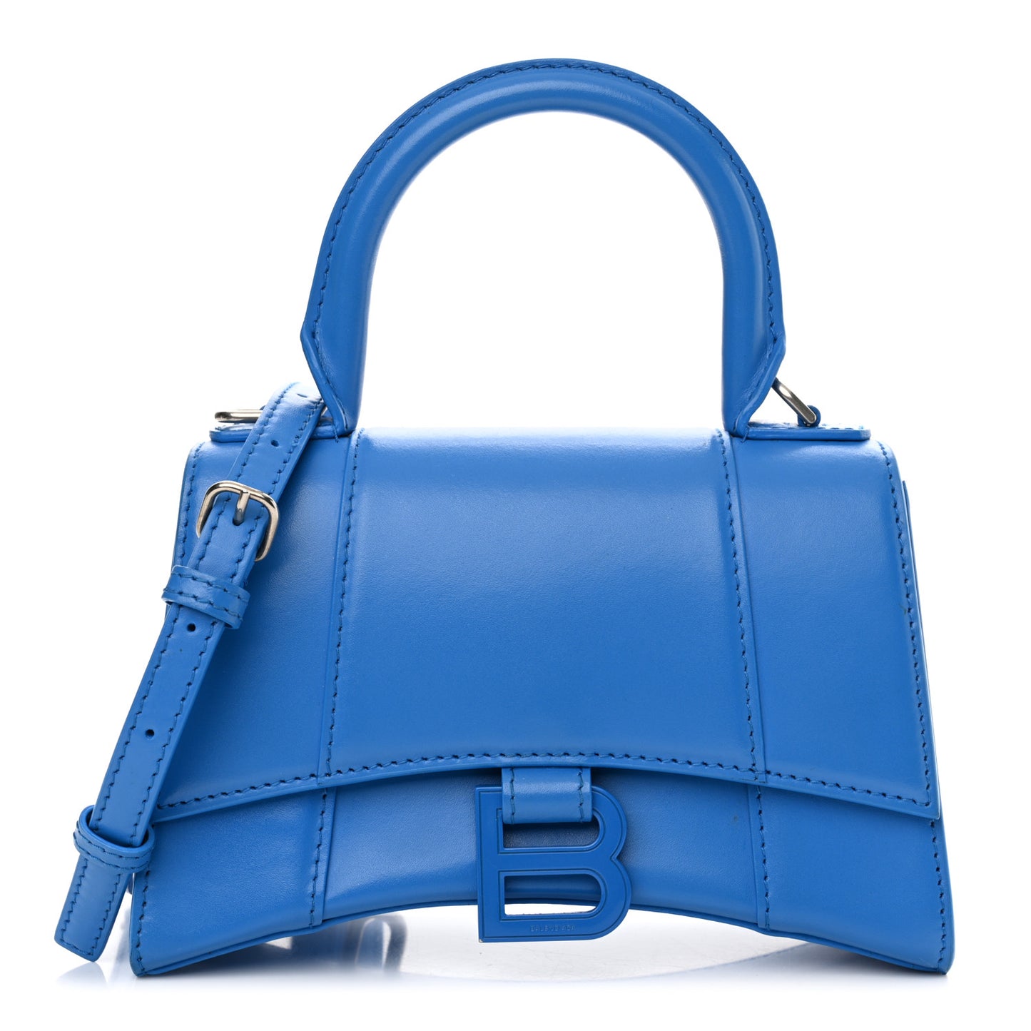 Shiny Box Calfskin Tonal B Hourglass Top Handle Bag XS Screen Blue