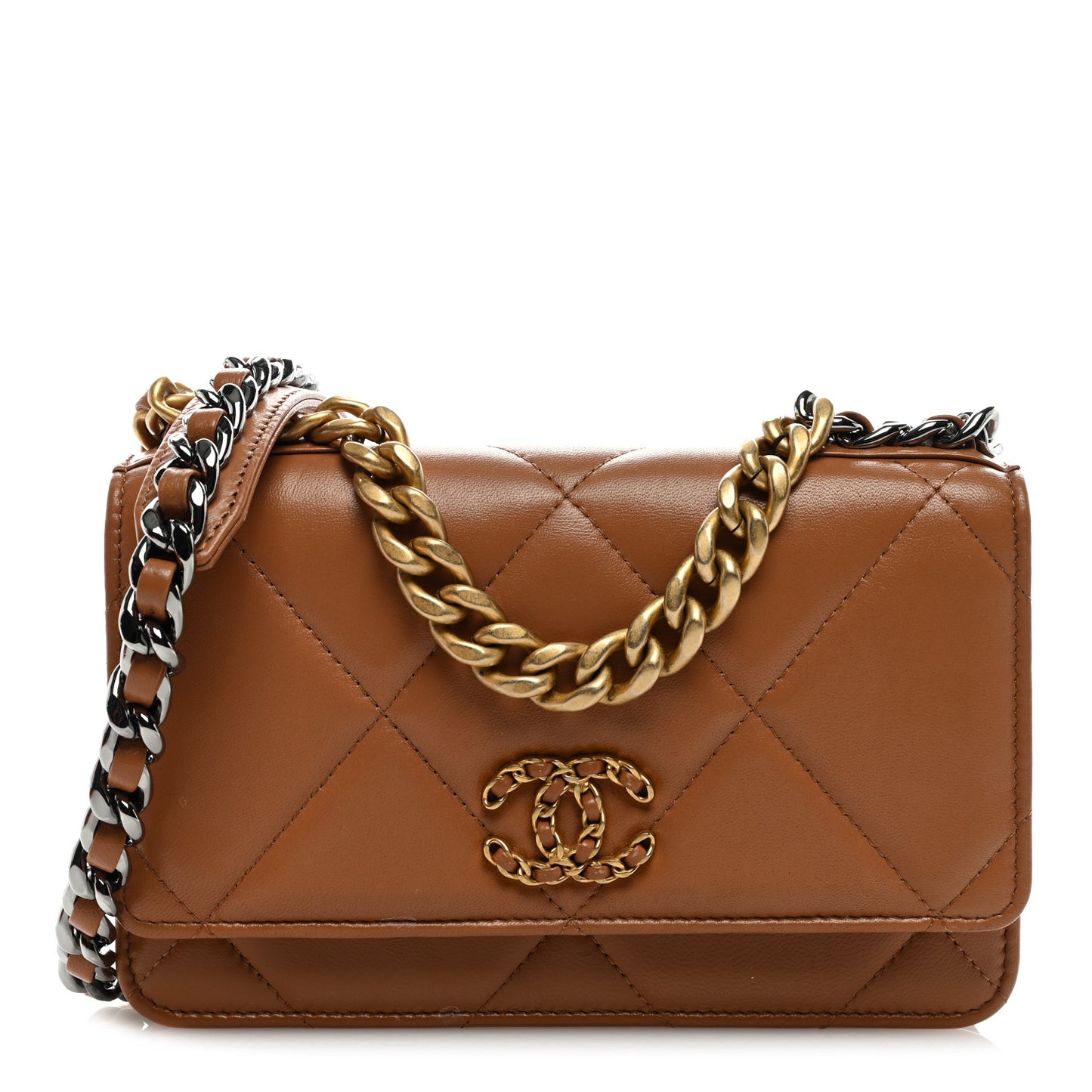 Lambskin Quilted Chanel 19 Wallet On Chain WOC Brown
