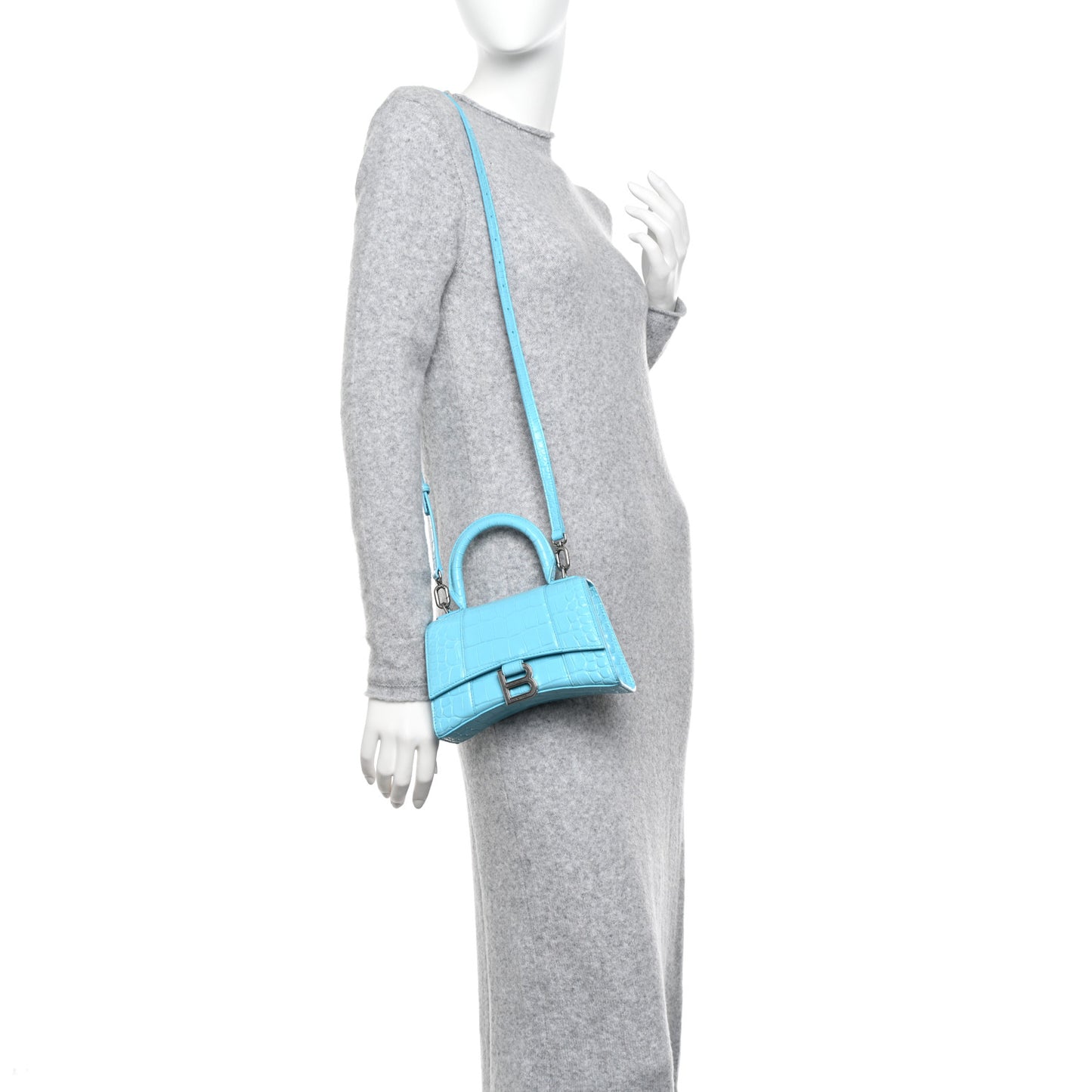 Shiny Calfskin Crocodile Embossed Hourglass Top Handle Bag XS Bright Bleu