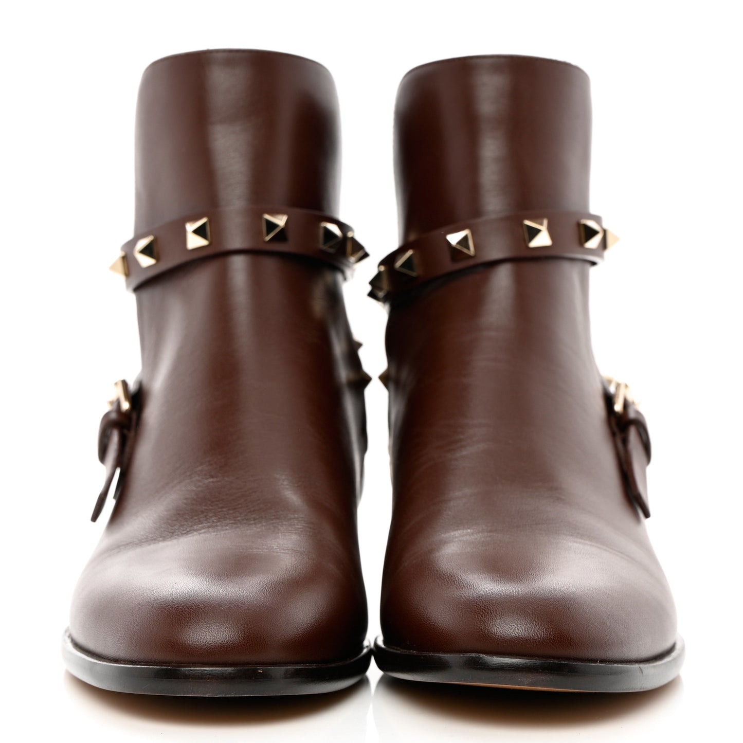 Calfskin Rockstud Buckle Ankle Boots 37 Light Brown