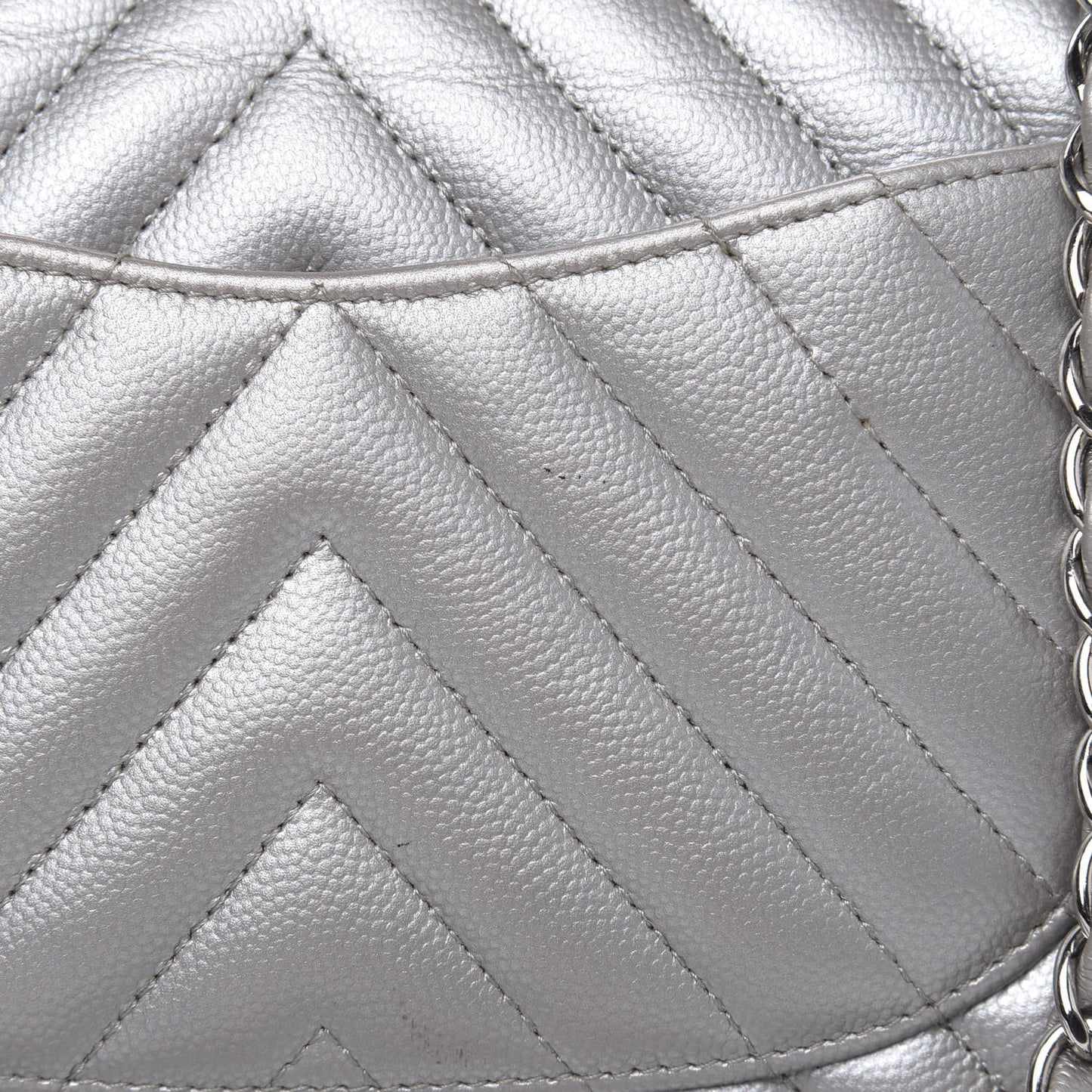 Metallic Caviar Chevron Quilted Medium Double Flap Silver