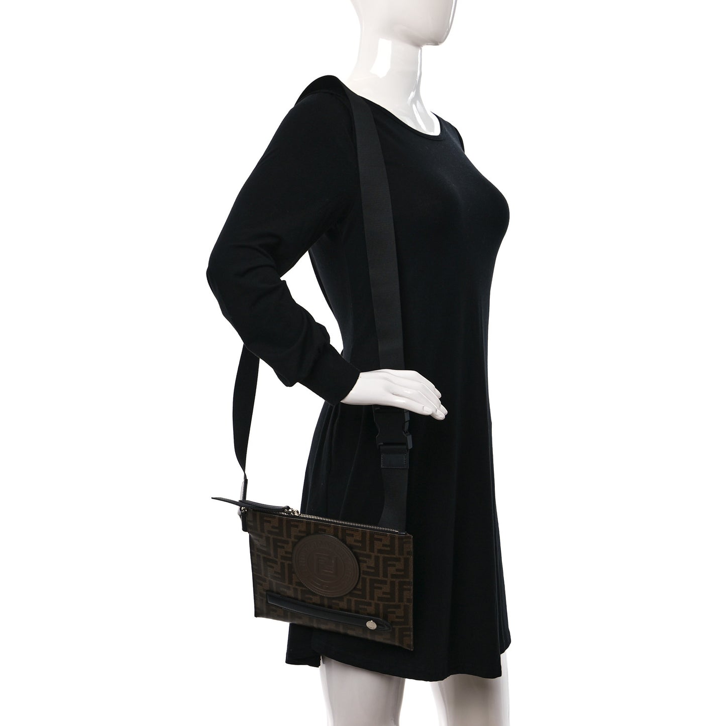 Glazed Fabric Vitello Century FF 1974 Stamp Patch Messenger Bag Mogano Panna Black