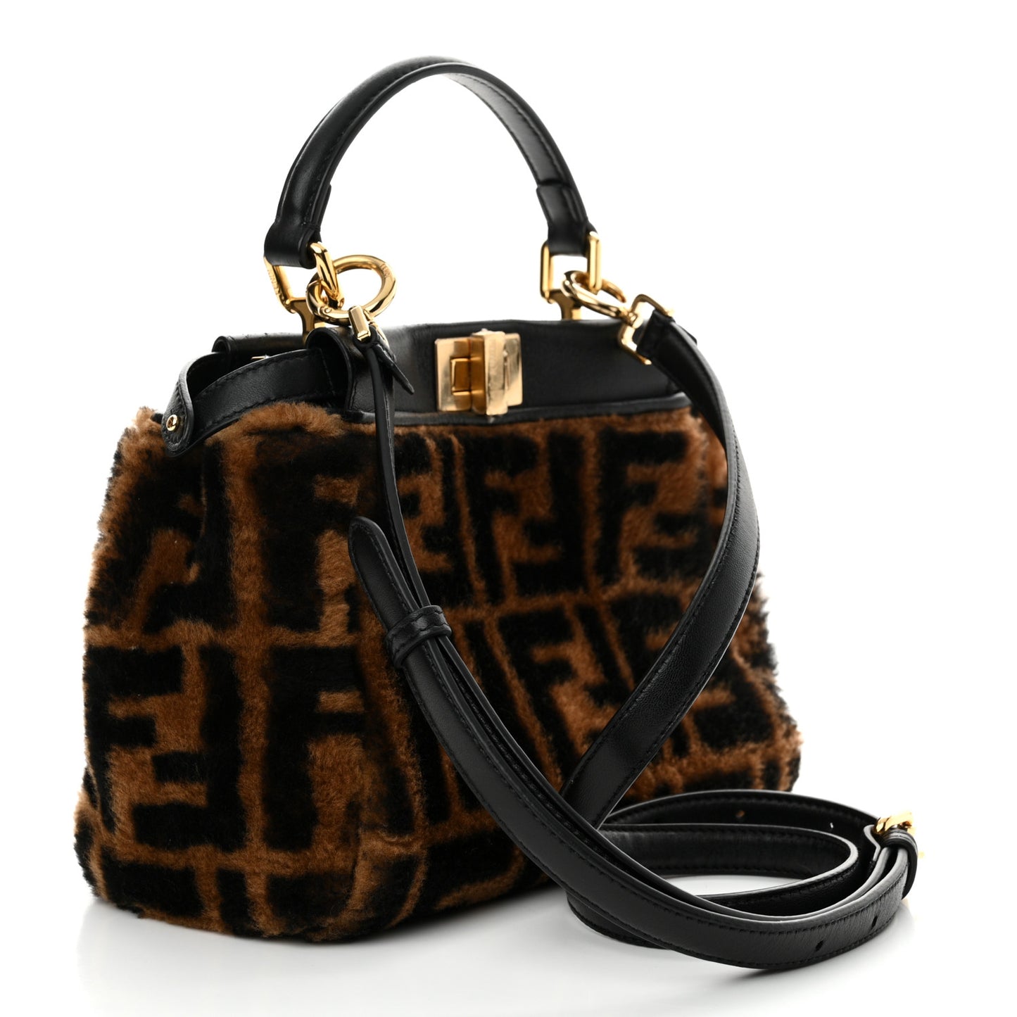 Shearling Nappa Macro FF 1974 Mini Peekaboo Iconic Satchel Tobacco Black