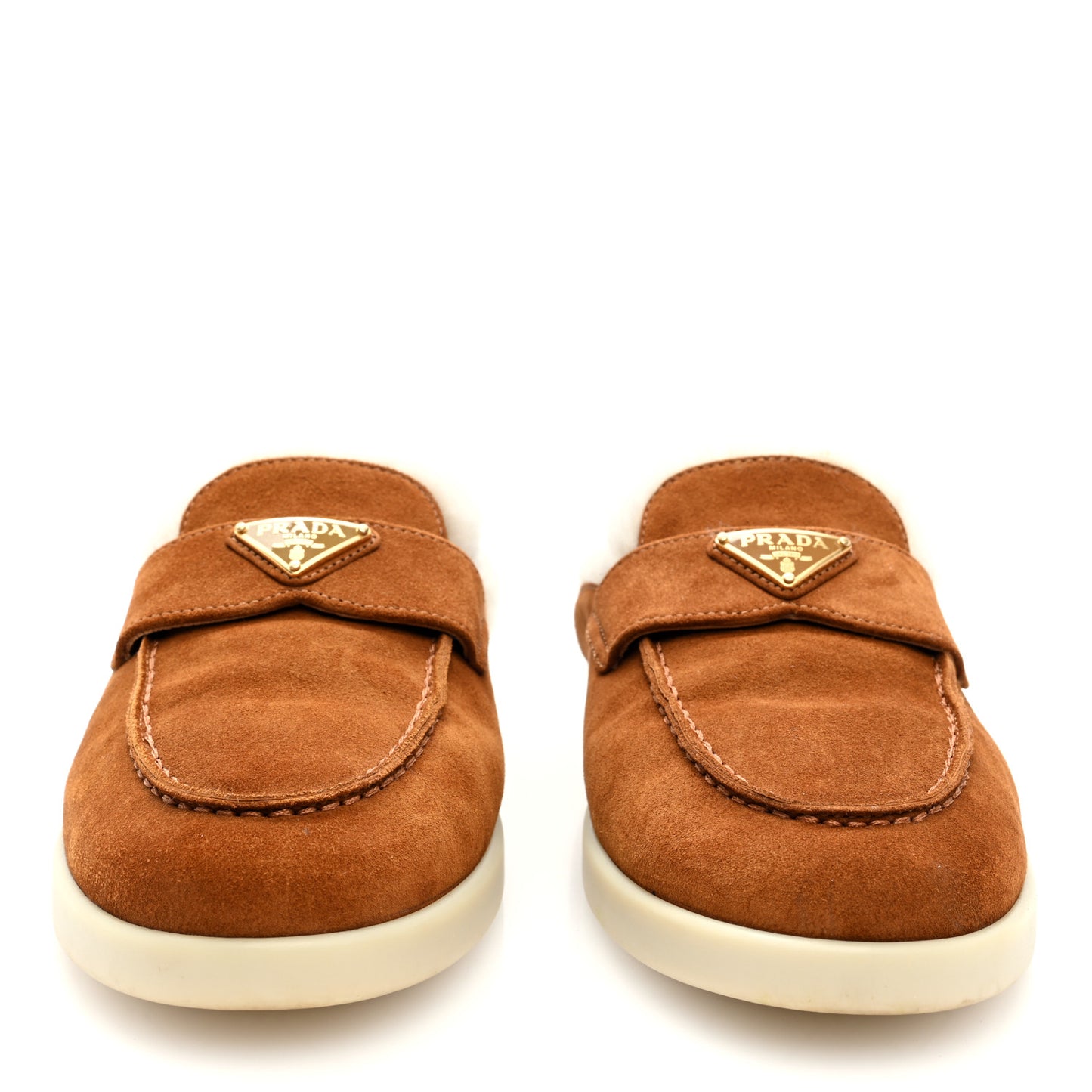 Suede Shearling Triangle Logo Loafer Mules 37 Cognac