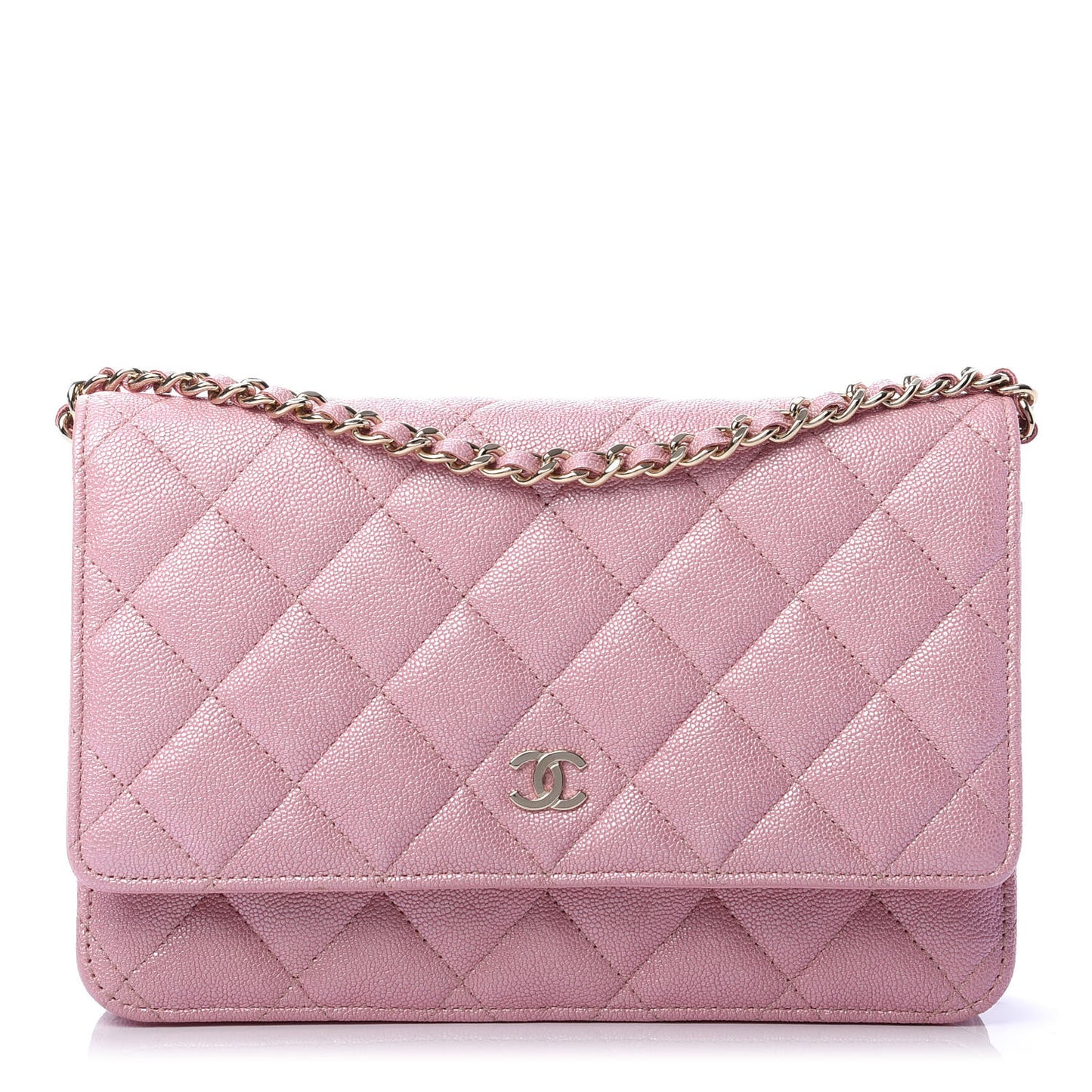 Iridescent Caviar Quilted Wallet on Chain WOC Rose Pink