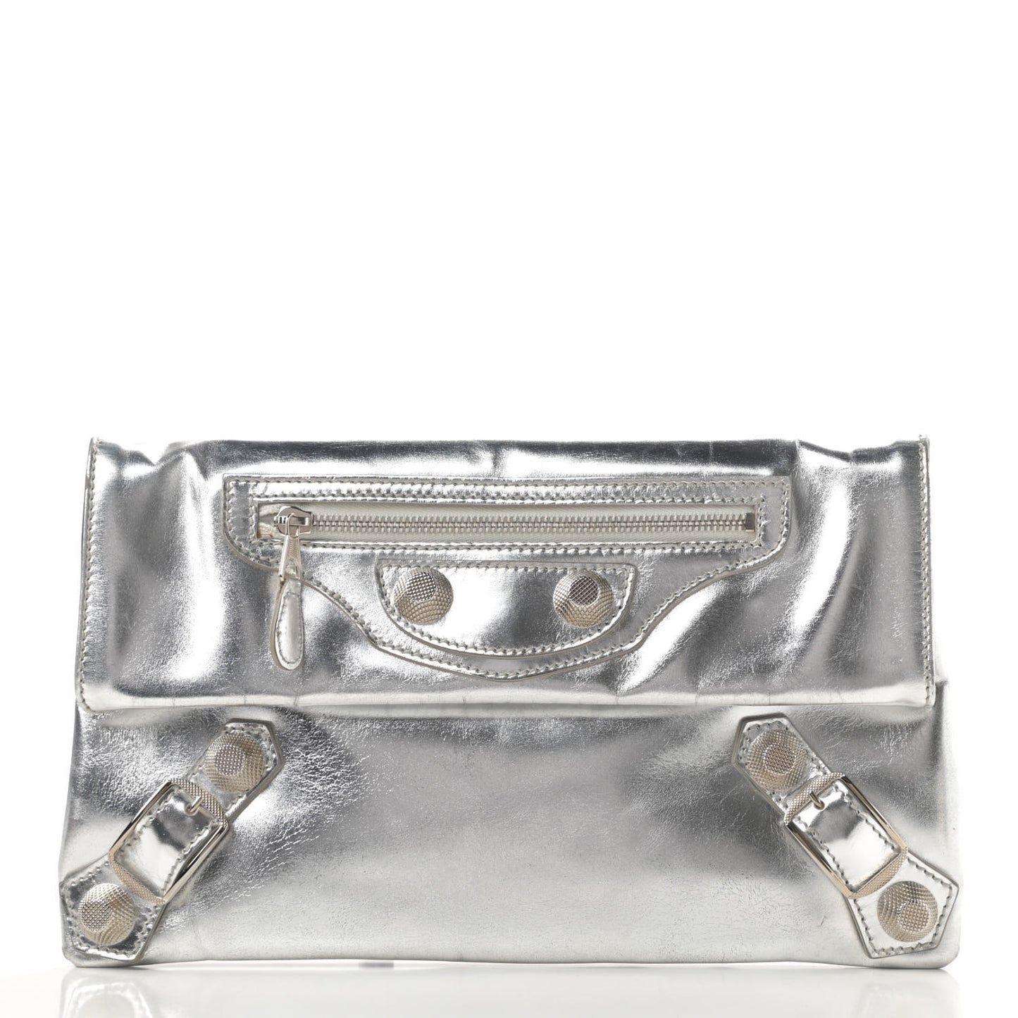 Laminated Calfskin Giant 21 Silver Hardware Envelope Clutch Silver