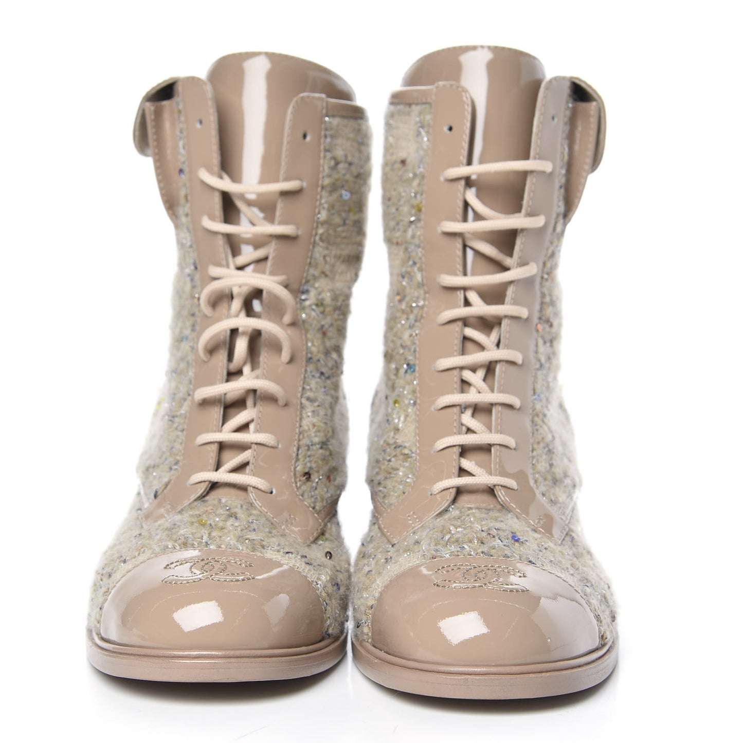 Tweed Patent Calfskin Lace Up Short Boots 39 Beige Multicolor