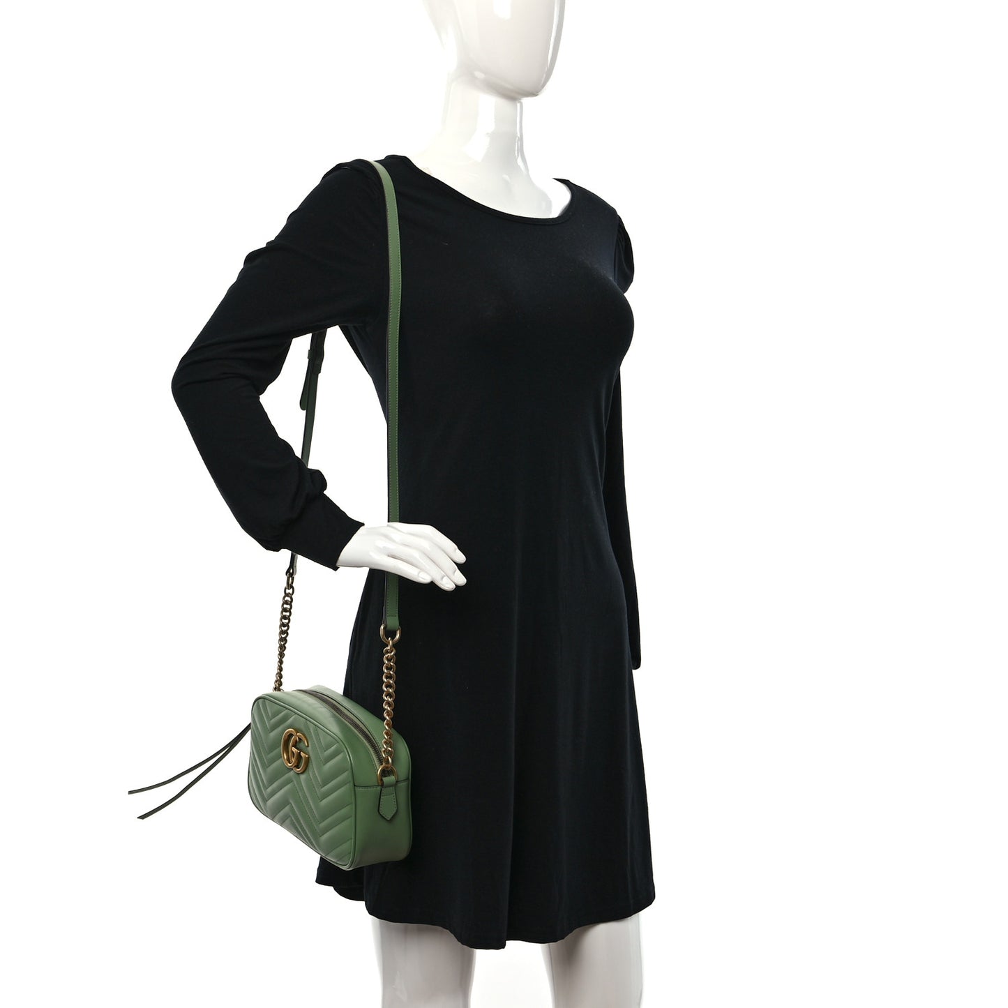 Calfskin Matelasse Chevron Small GG Marmont Chain Shoulder Bag Salamander Green