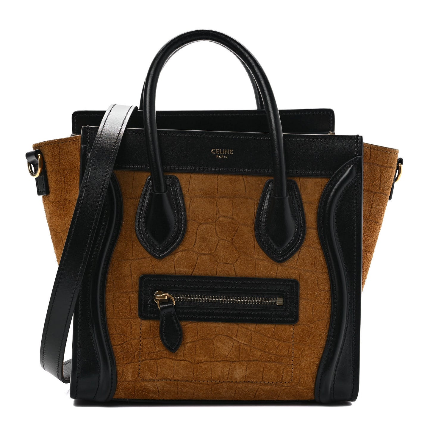 Crocodile Embossed Nubuck Smooth Calfskin Bi-Color Nano Luggage Havana Black