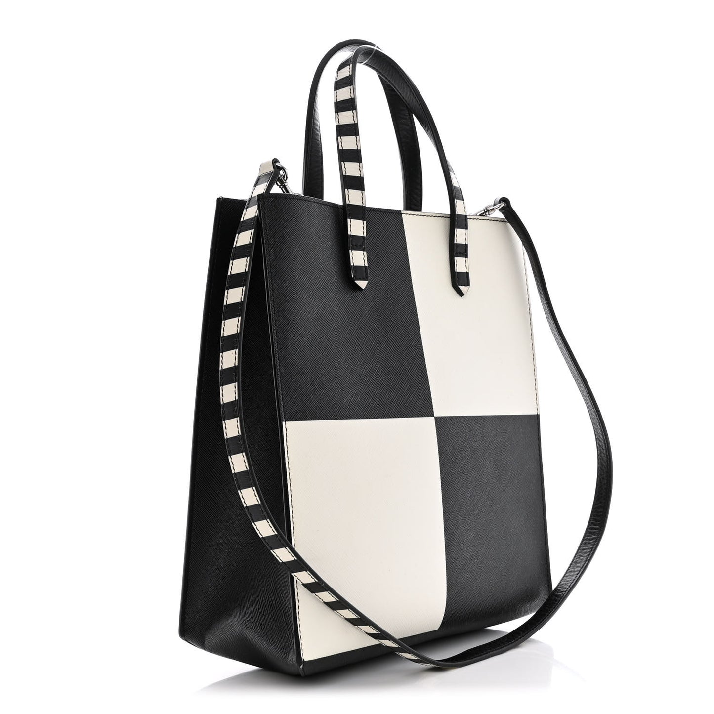 Calfskin Logo Checkered Print Stargate Shopper Tote Black White