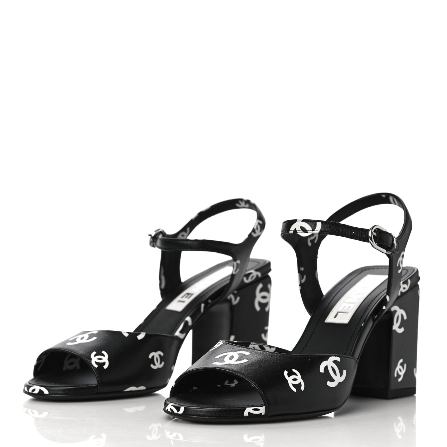 Printed Lambskin CC Sandals 38 Black