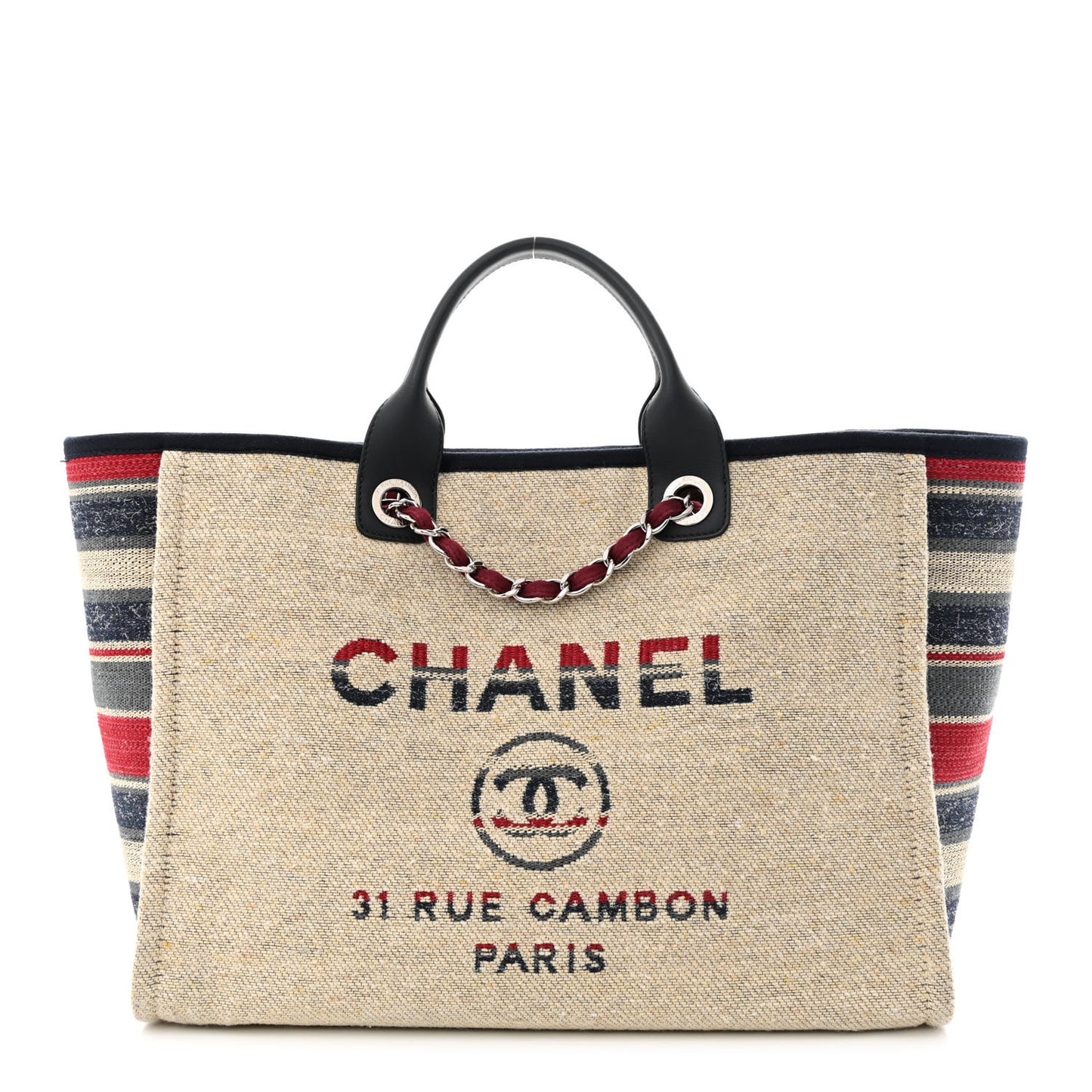 Striped Canvas Medium Deauville Tote Beige