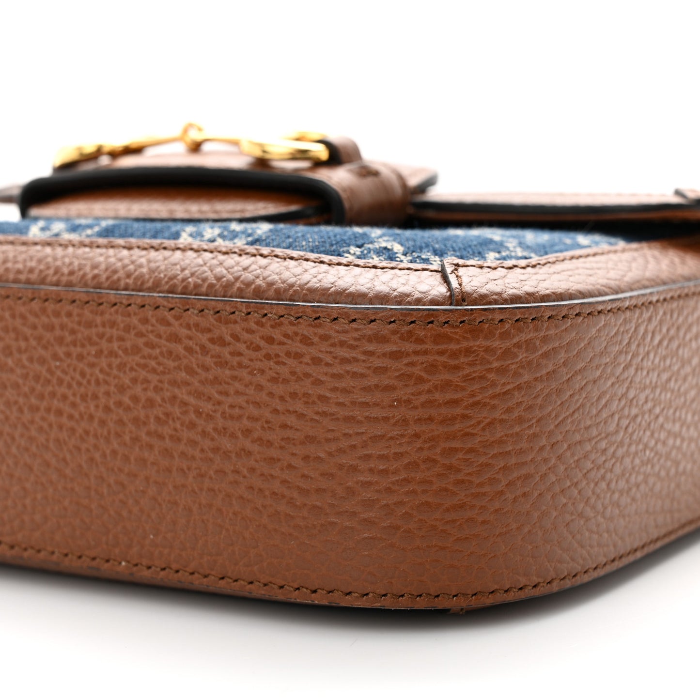 New Denim GG Monogram Dollar Calfskin Web Mini Horsebit 1955 Shoulder Bag Blue Tea Cuir Epilog