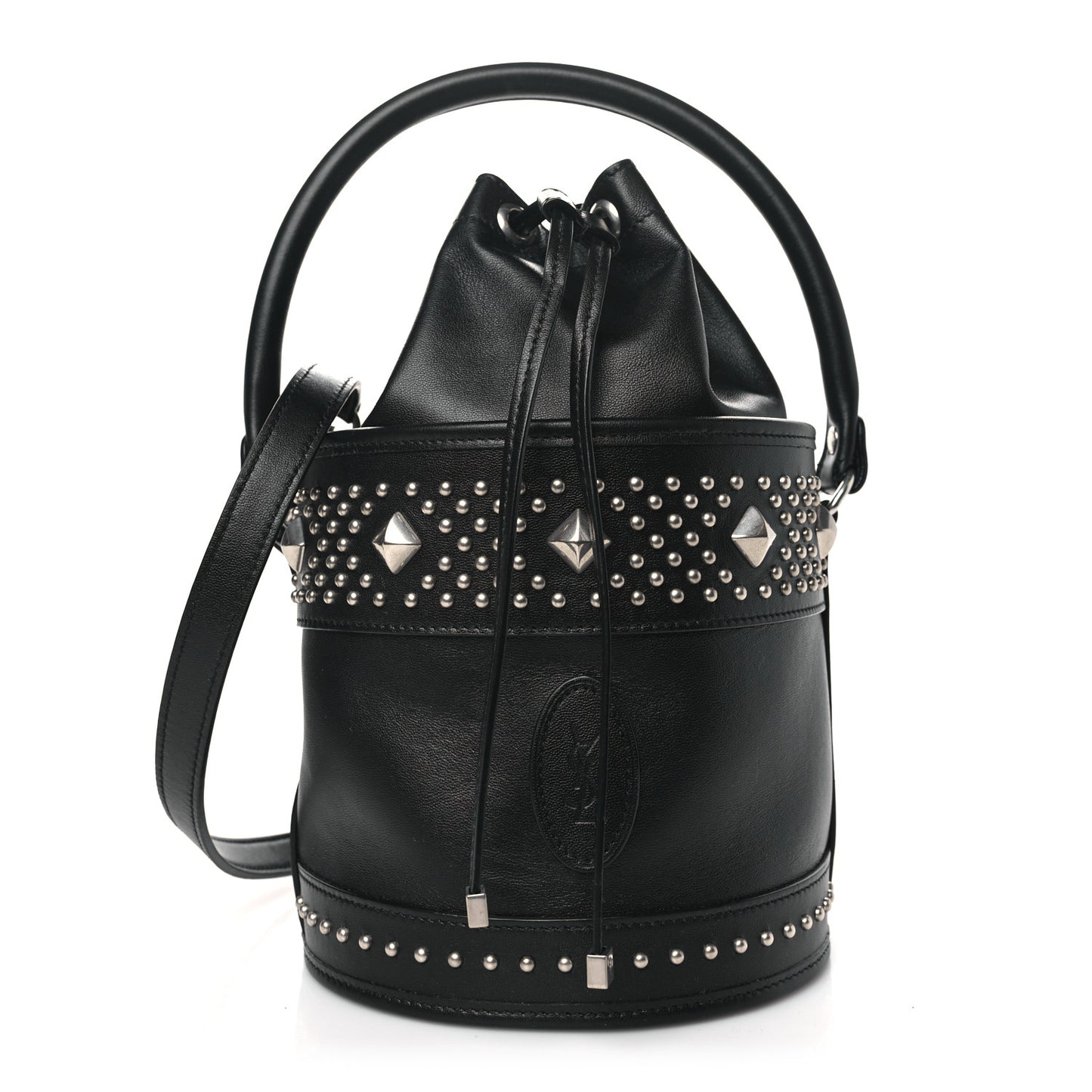 Smooth Calfskin Studded Small Bahia Drawstring Bucket Bag Black