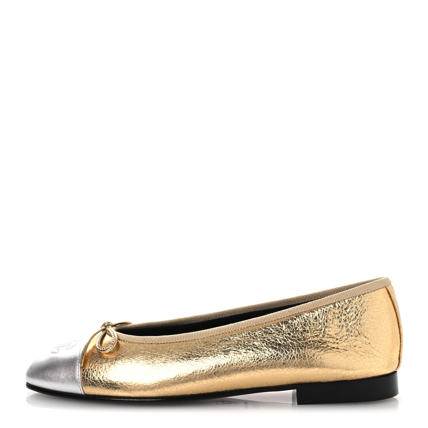 Chanel Metallic Crackled Laminated Calfskin CC Cap Toe Ballerina Flats 37.5 Gold  Silver 1784860 – FASHIONPHILE