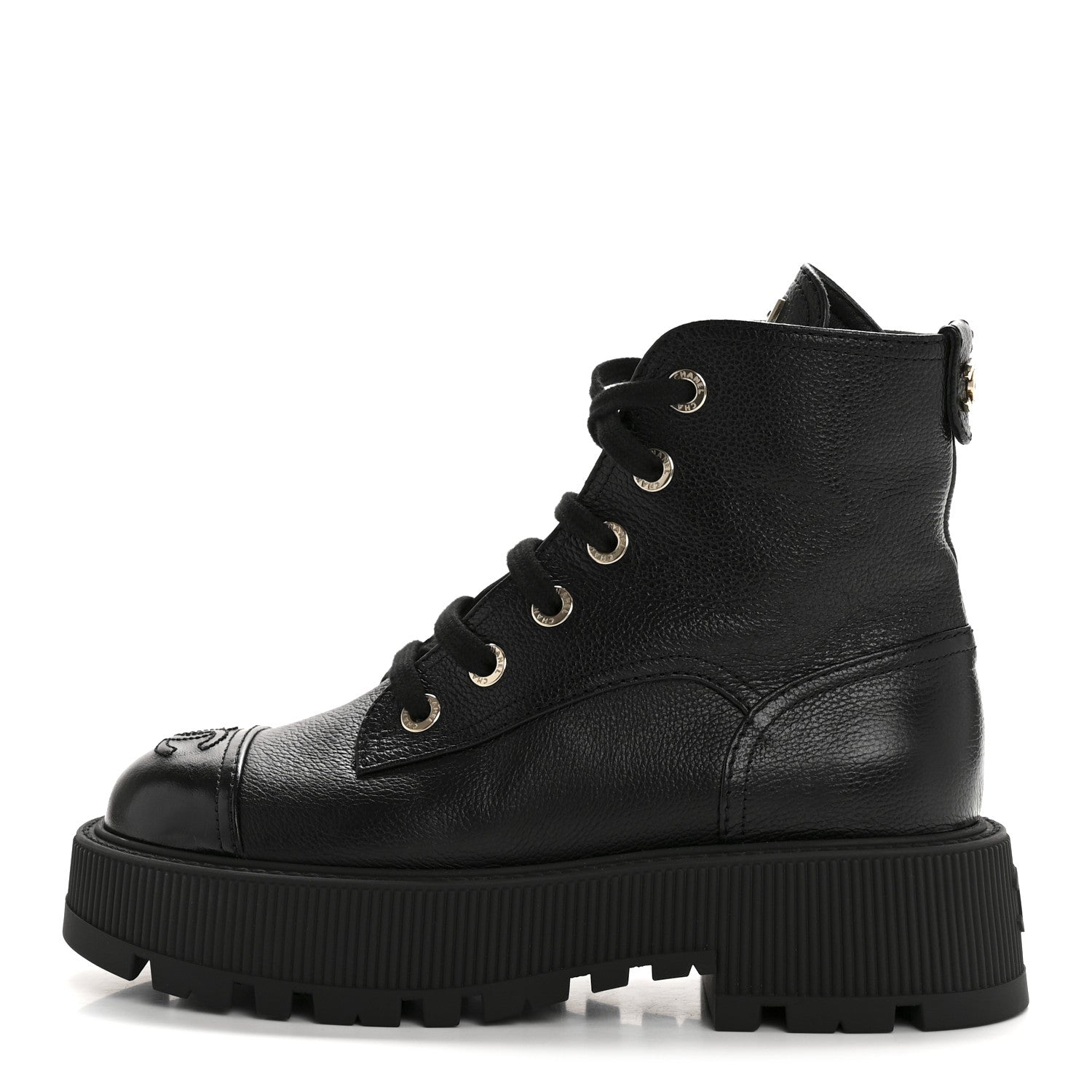 Chanel Grained Calfskin Shiny Calfskin CC Lace Up Combat Boots 36