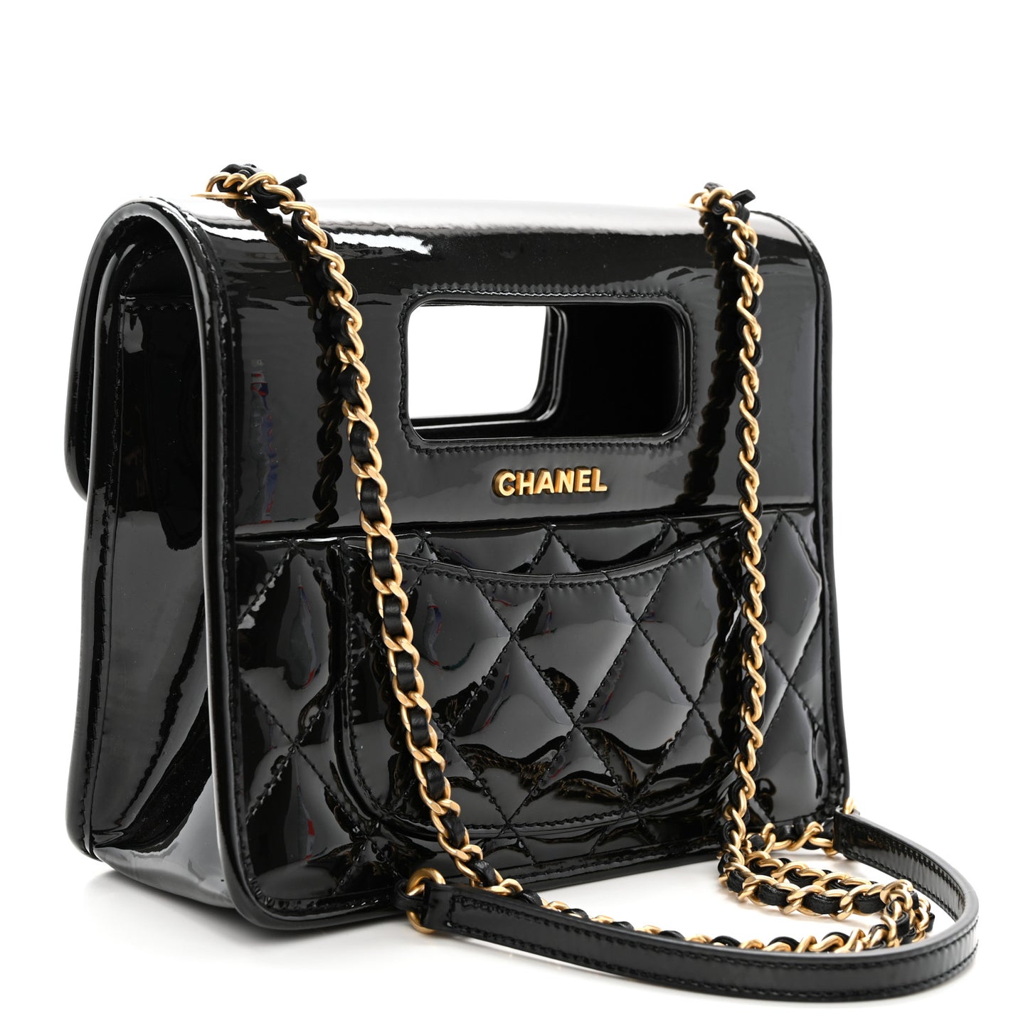 Patent Quilted Mini Graphic Catch Flap Black