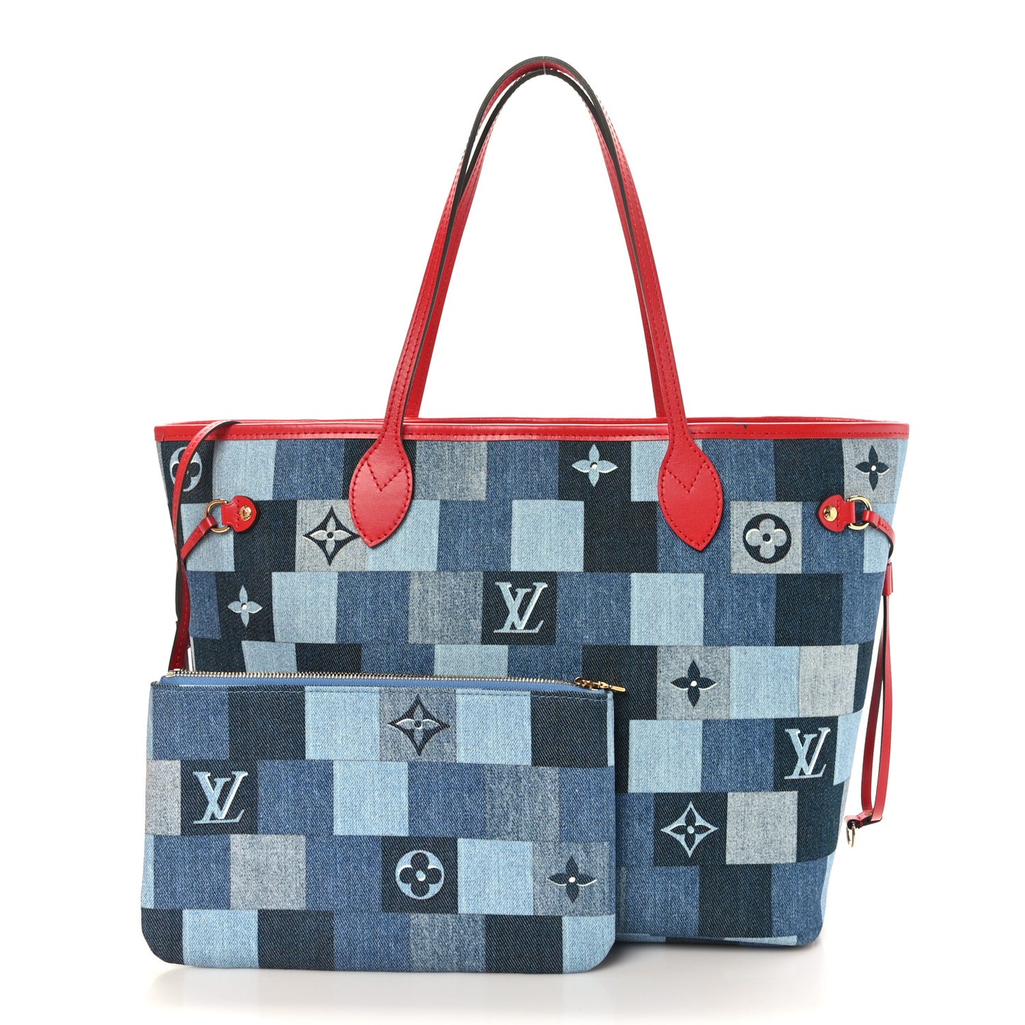 Denim Damier Monogram Patchwork Neverfull Blue Rouge