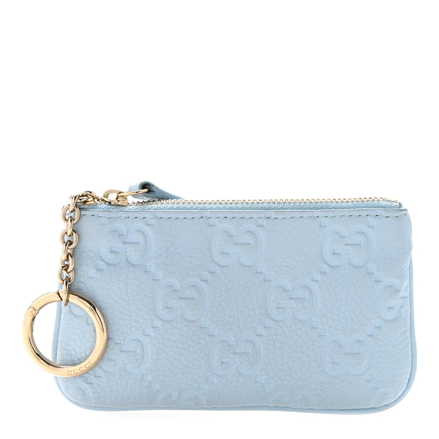 Gucci GG Grainy Calfskin Emblem Zip Key Case Light Blue 1917408