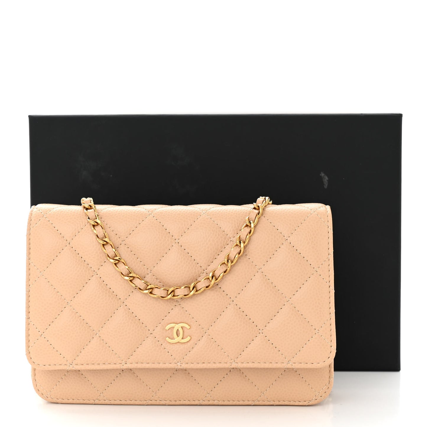 Caviar Quilted Wallet on Chain WOC Beige