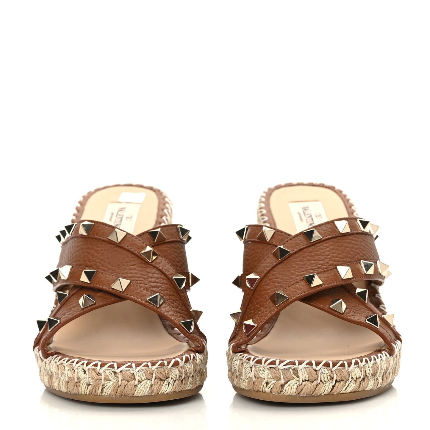 Pebbled Calfskin Rockstud Criss Cross Espadrille 15/105mm Wedge Sandals 38 Selleria