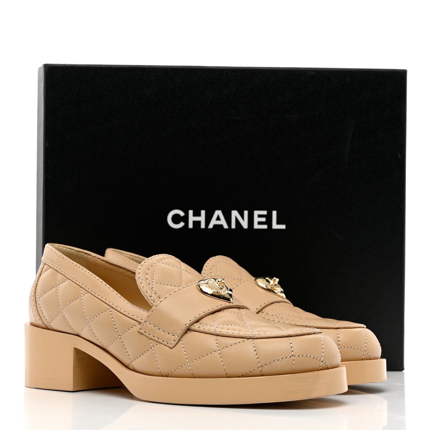 Lambskin Quilted CC Heart Loafers 36.5 Beige