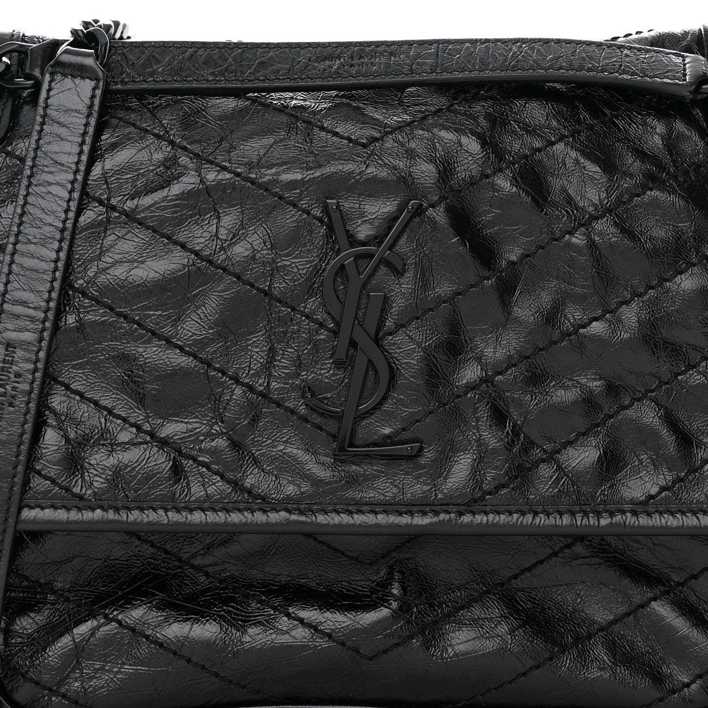 Crinkled Calfskin Matelasse Monogram Medium Niki Chain Satchel Black