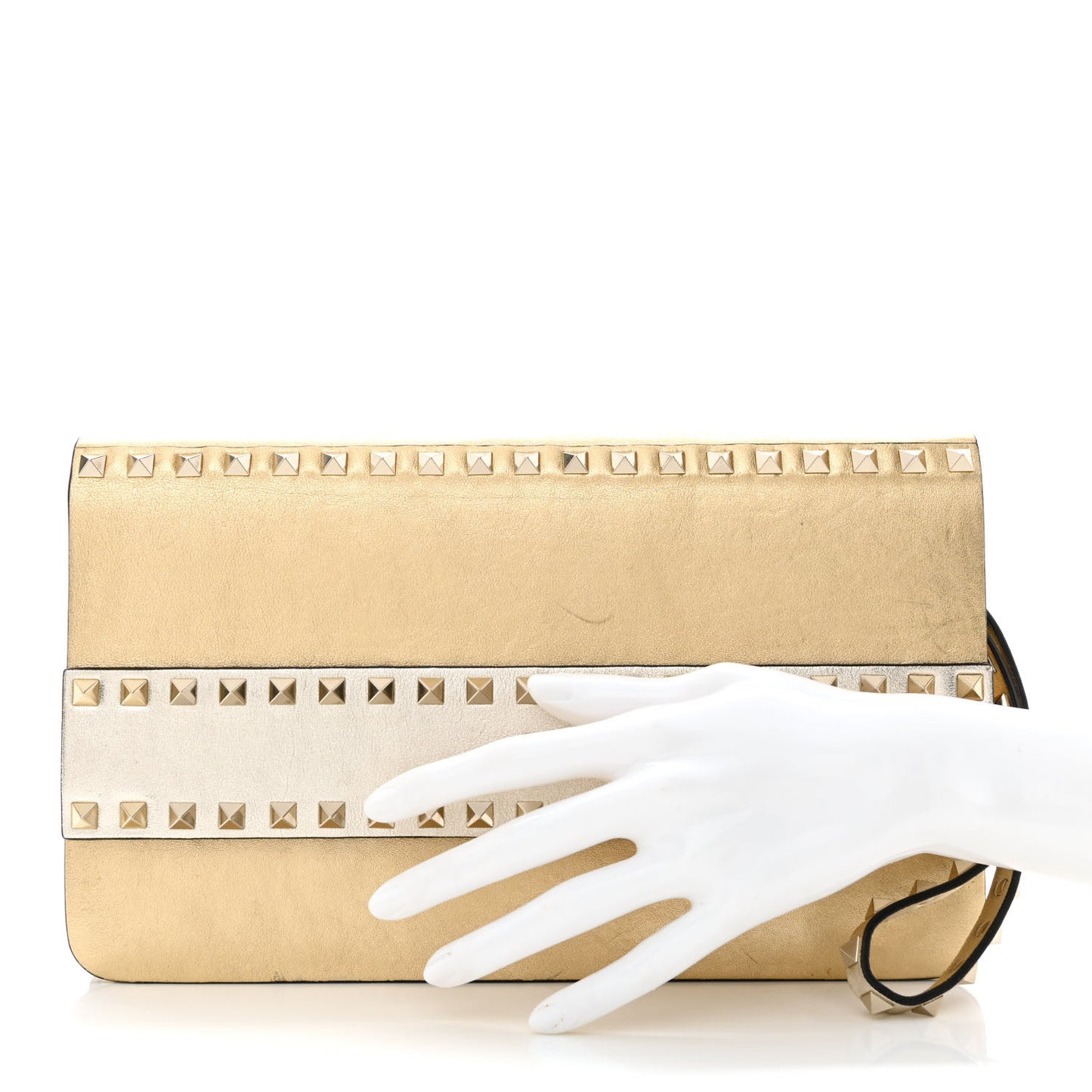 Metallic Calfskin Rockstud Side Slip Wristlet Clutch Gold