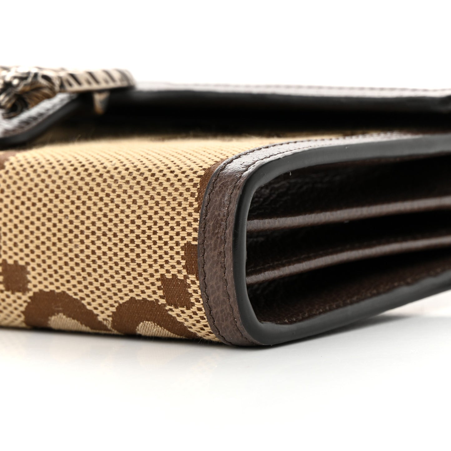 Monogram Jumbo GG Textured Dollar Calfskin Mini Dionysus Chain Wallet Camel Ebony New Acero