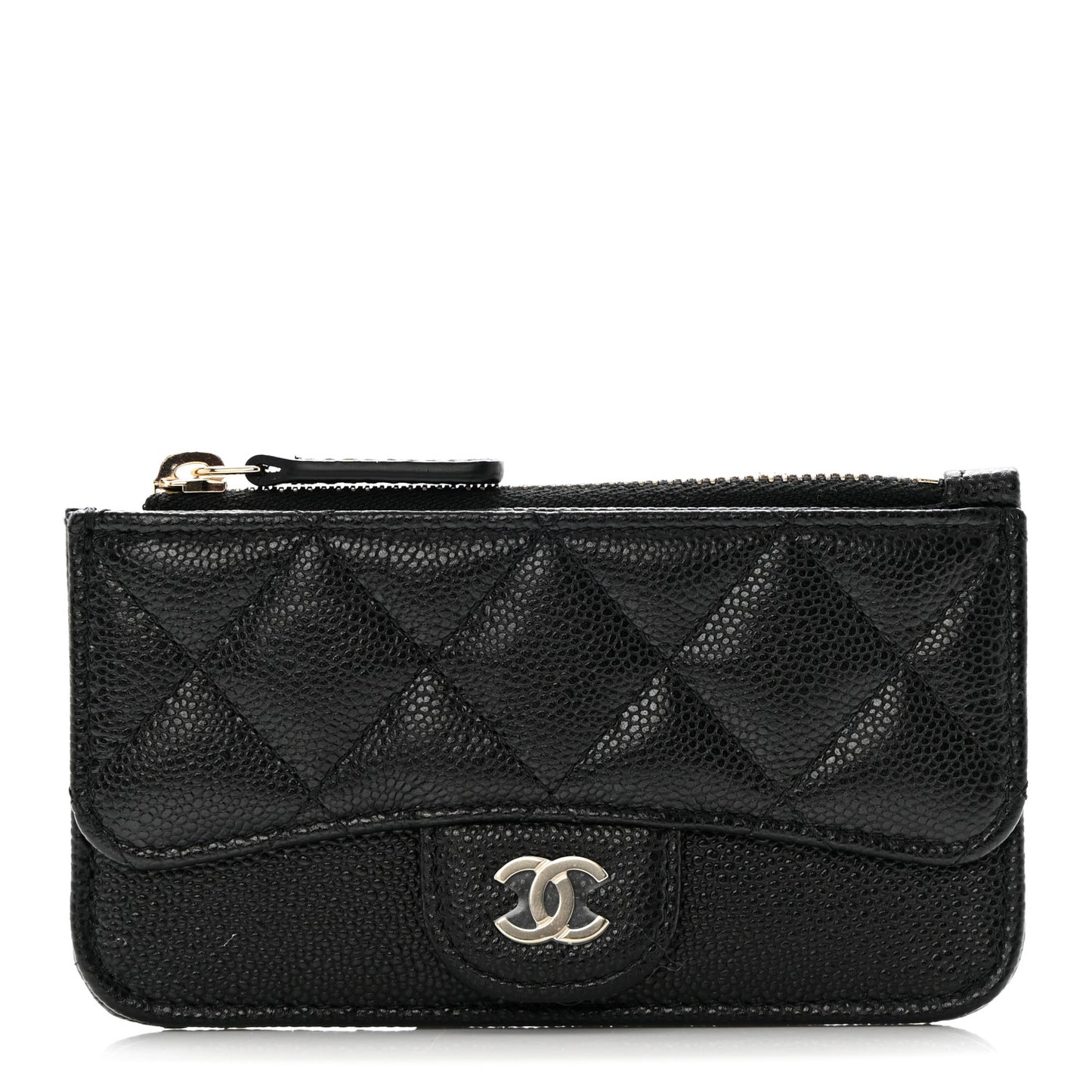 Caviar Quilted Flap Zip Card Holder Black