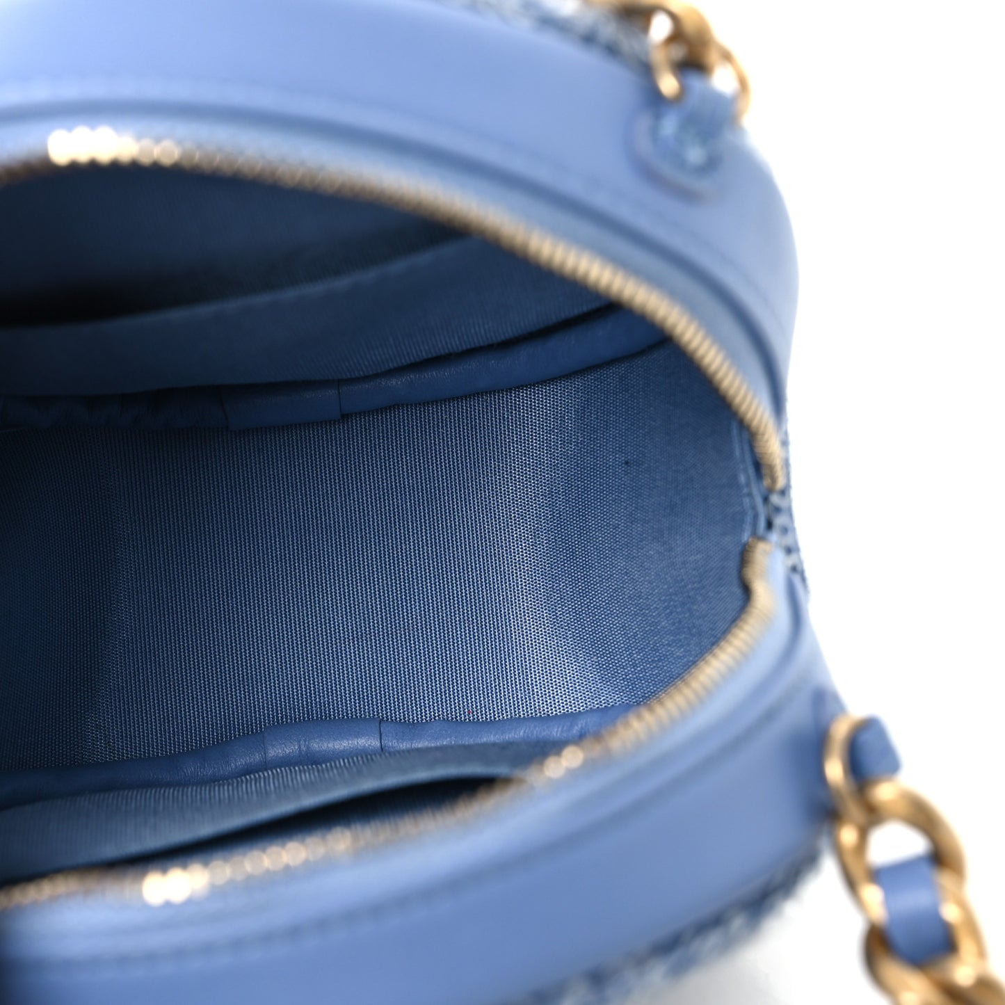 Sequin Chanel 19 Round Clutch With Chain Light Blue