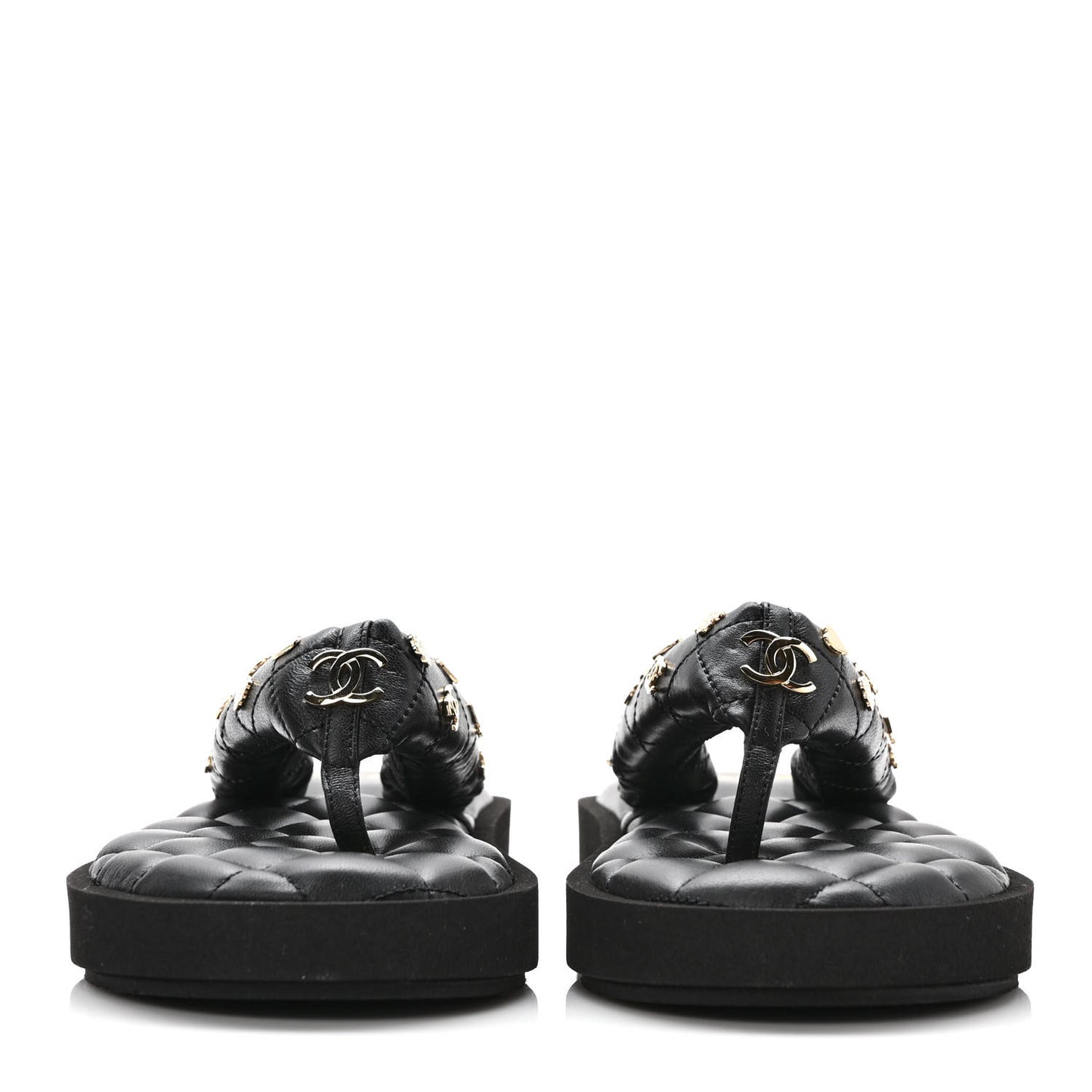 Lambskin Quilted Padded Charms Thong Sandals 37 Black