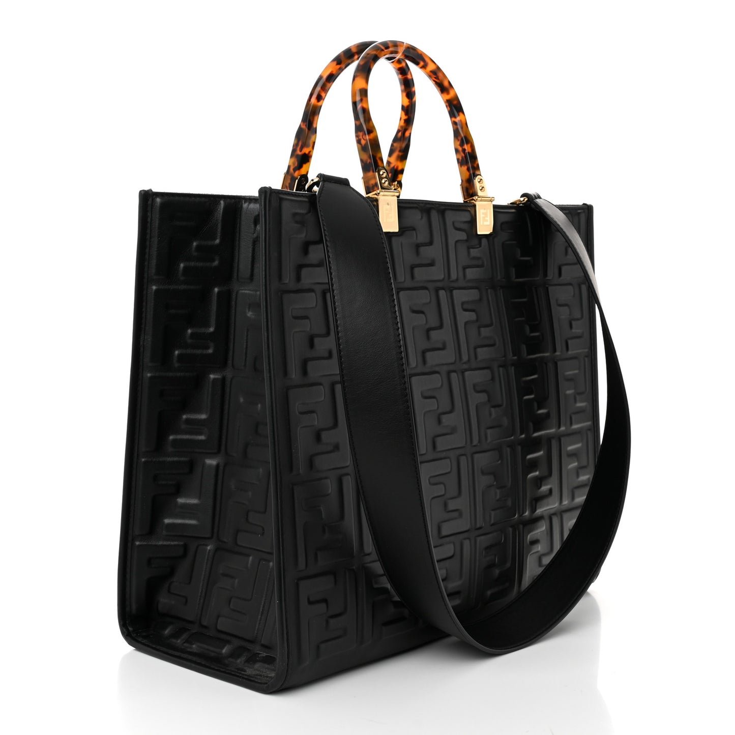Vitello Plexiglass FF Embossed Medium Fendi Sunshine Shopper Tote Black