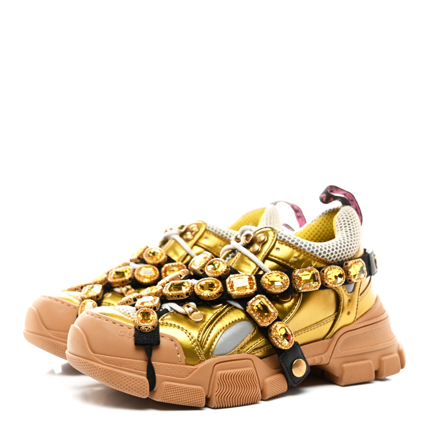 X SEGA Metallic Calfskin Mesh Removable Crystals Womens Flashtrek Sneakers 36.5 Oro Vecchio