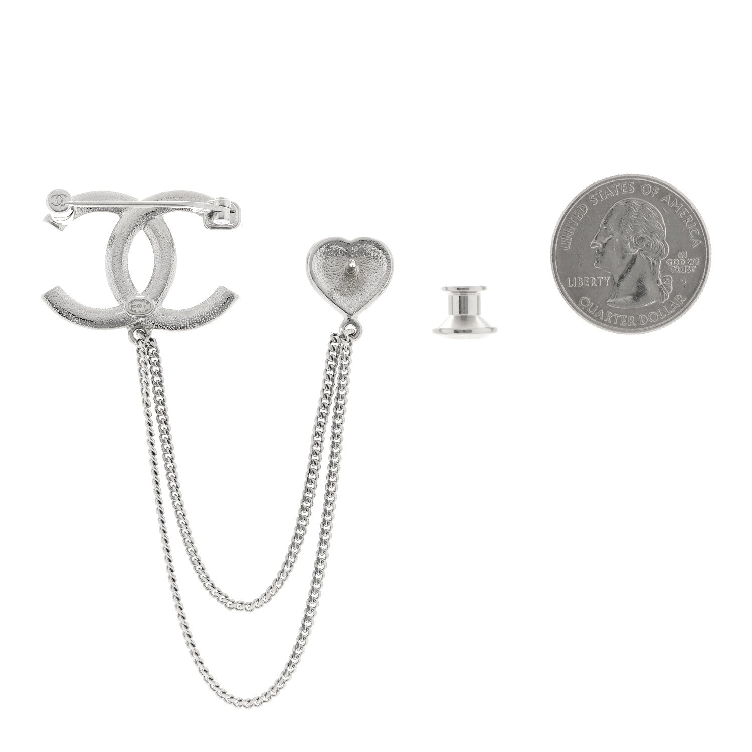 Chanel Diamente Pearl Multi Strand Chain CC Heart Brooch Silver Pearly White 2 of 3