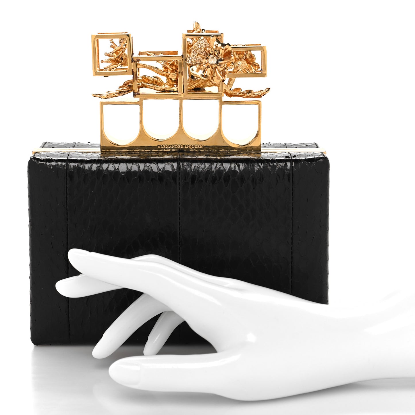 Snakeskin Poppy Cage Knuckle Box Clutch Black
