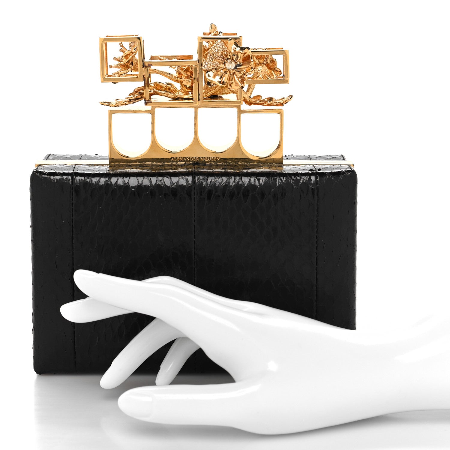 Alexander McQueen Snakeskin Poppy Cage Knuckle Box Clutch Black 2 of 13