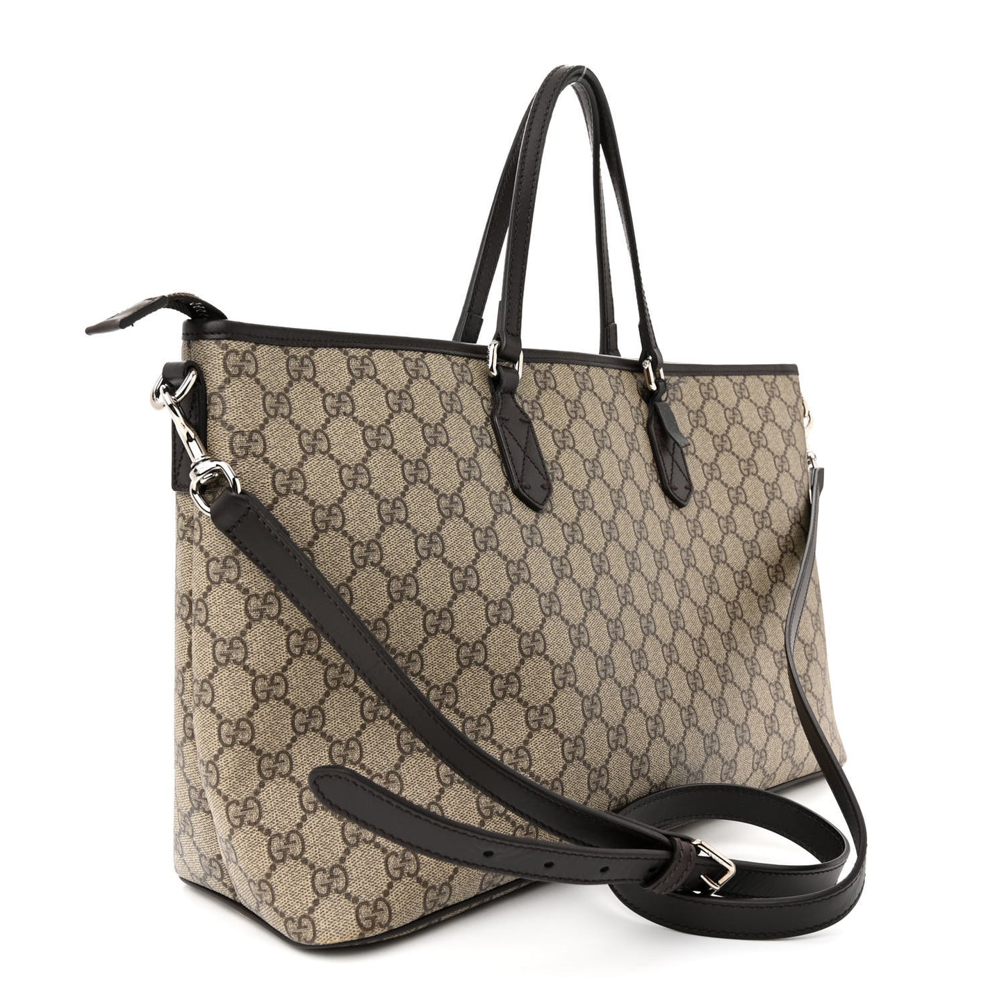 GG Supreme Monogram Medium Zippered Shopping Tote Dark Brown