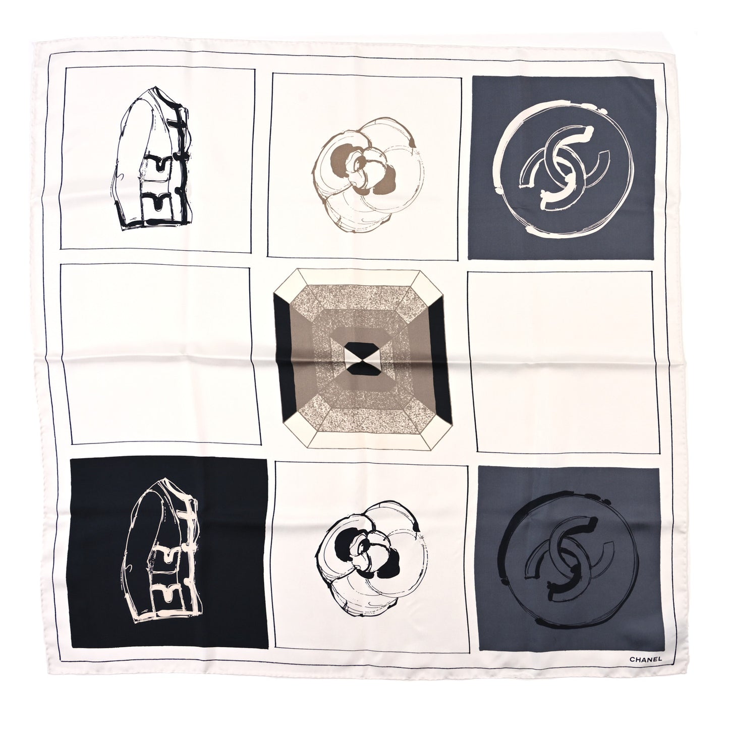 Silk Camellia Jacket Flower Print Scarf Dark White