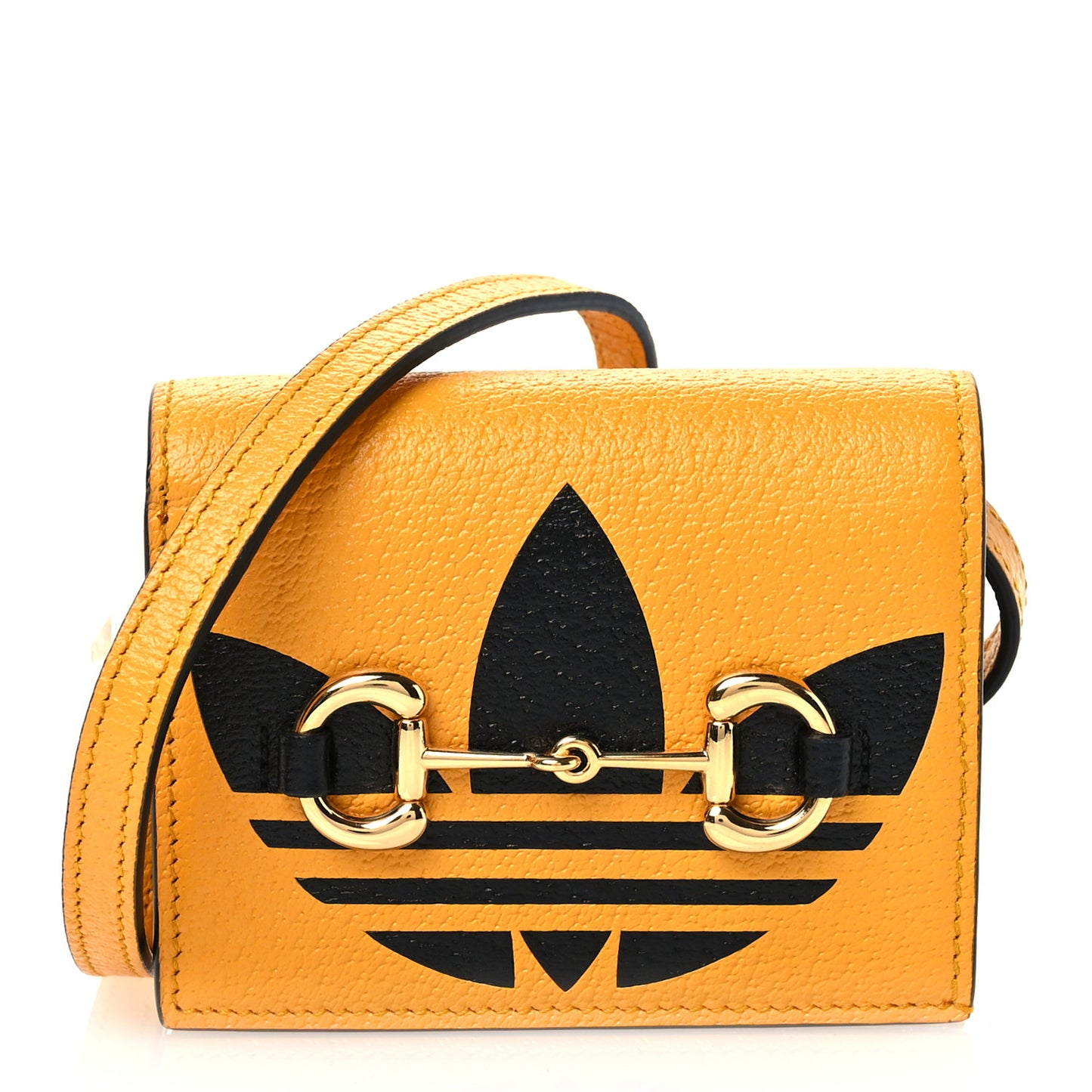 X ADIDAS Textured Dollar Calfskin Trefoil Horsebit 1955 Card Case Wallet With Strap Crop Black