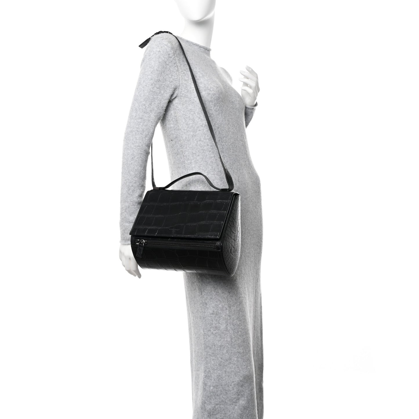 Calfskin Crocodile Embossed Medium Pandora Box Crossbody Bag Black